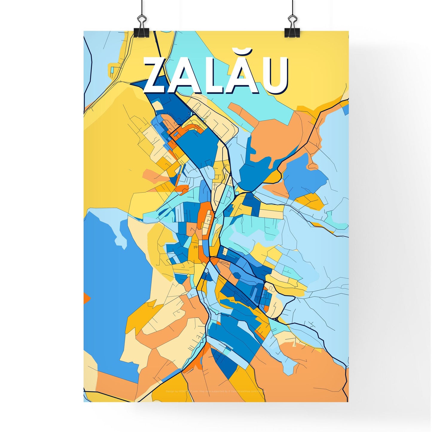 ZALĂU ROMANIA Vibrant Colorful Art Map Poster Blue Orange