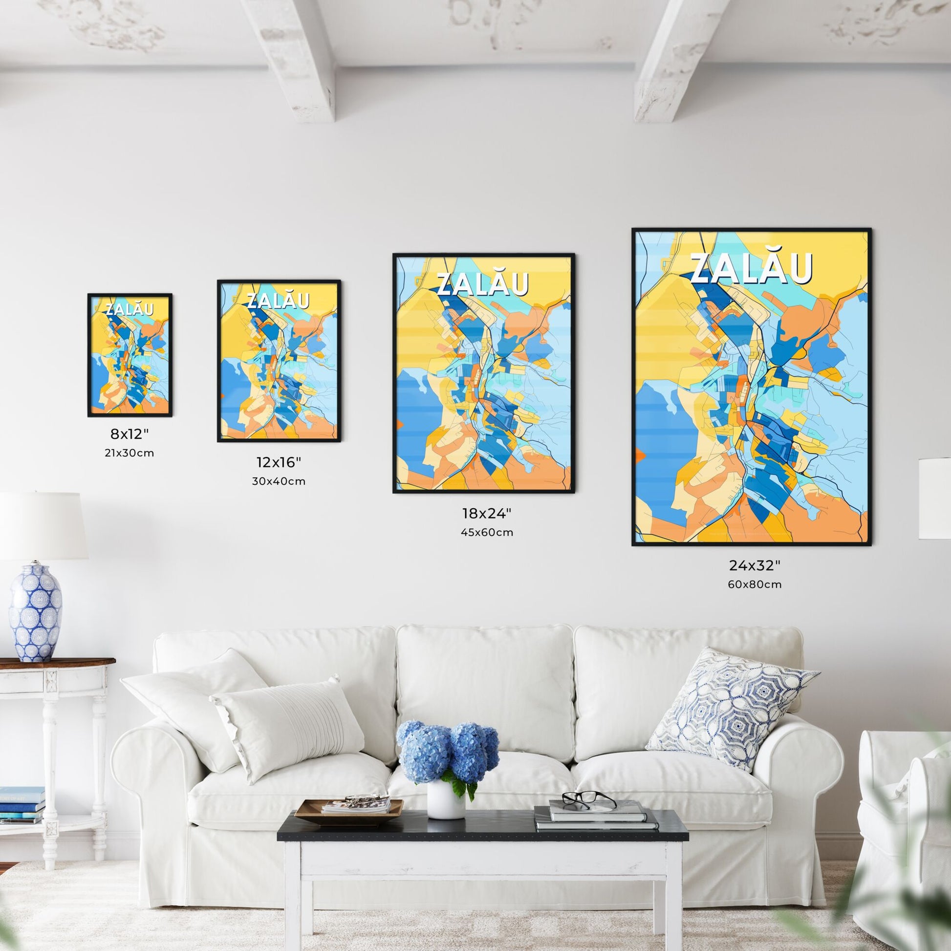 ZALĂU ROMANIA Vibrant Colorful Art Map Poster Blue Orange