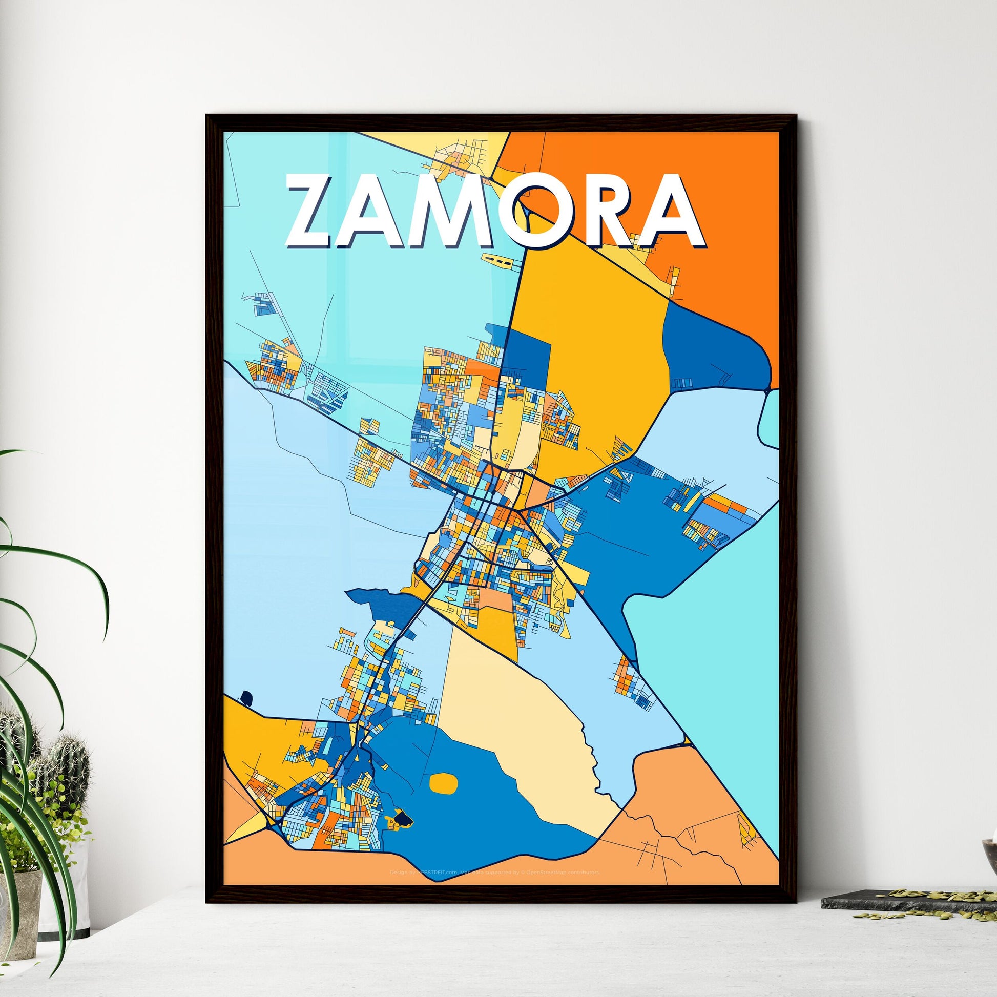 ZAMORA MEXICO Vibrant Colorful Art Map Poster Blue Orange