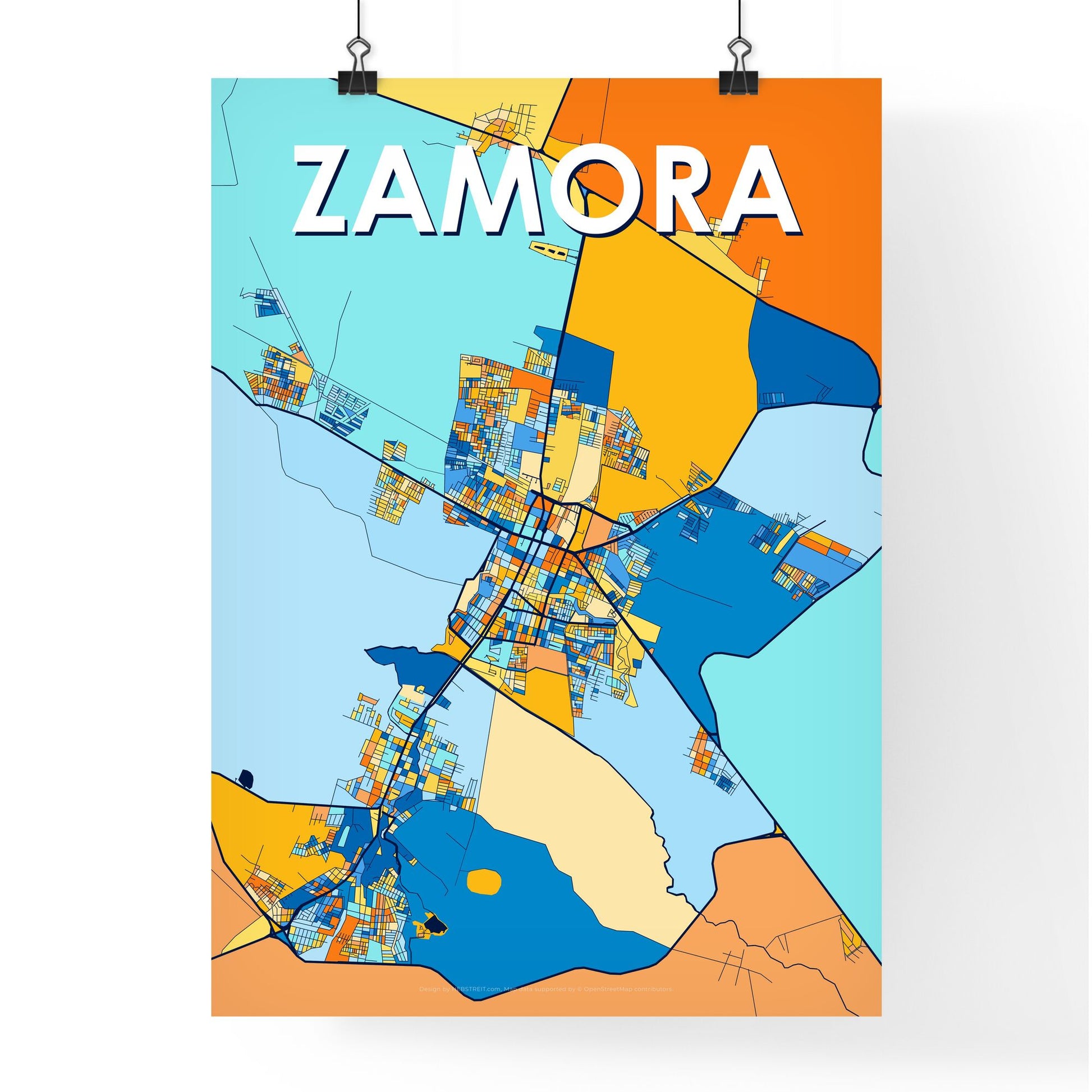 ZAMORA MEXICO Vibrant Colorful Art Map Poster Blue Orange