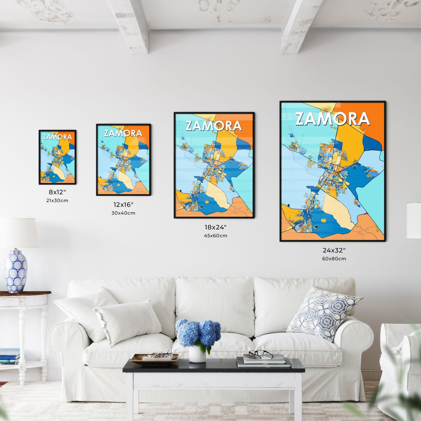 ZAMORA MEXICO Vibrant Colorful Art Map Poster Blue Orange