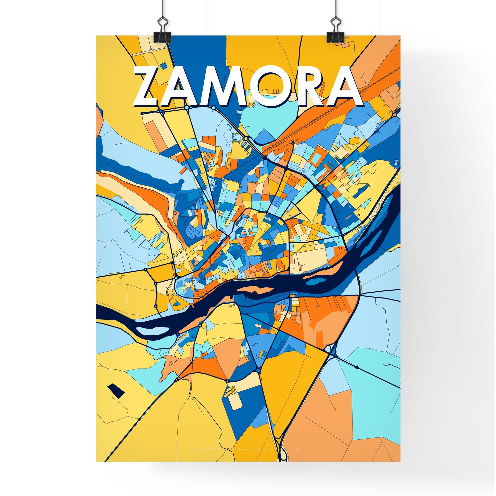 ZAMORA SPAIN Vibrant Colorful Art Map Poster Blue Orange