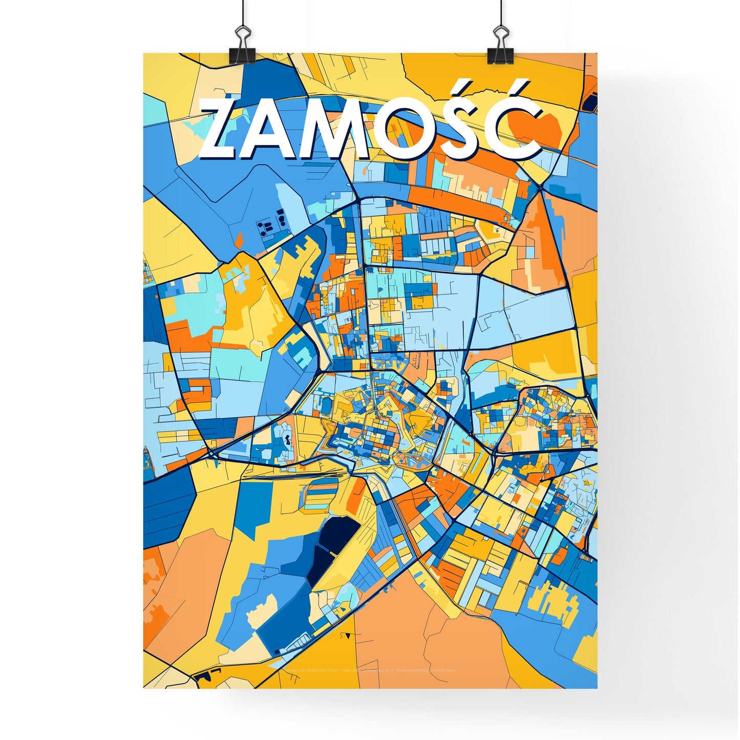 ZAMOŚĆ POLAND Vibrant Colorful Art Map Poster Blue Orange