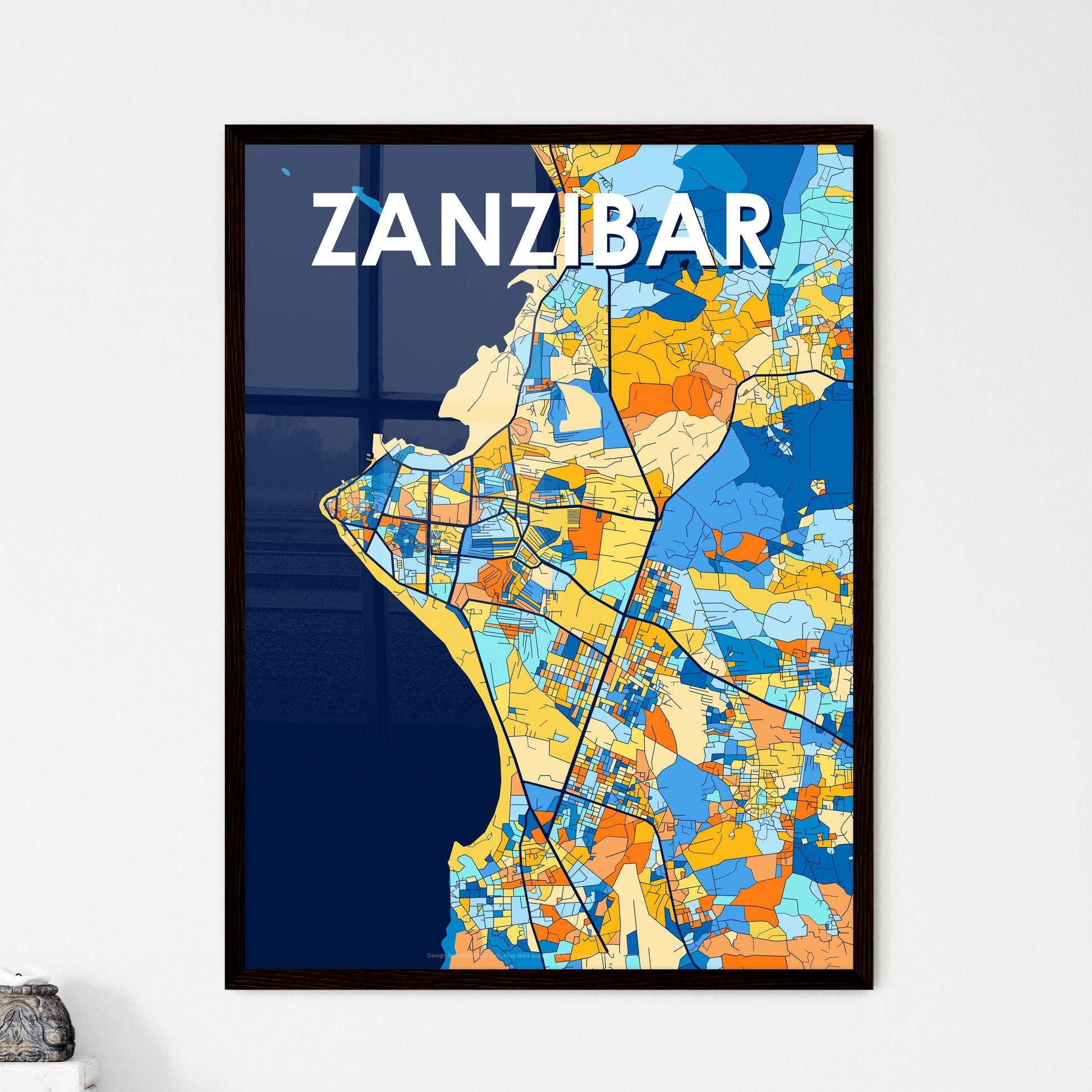 ZANZIBAR TANZANIA Vibrant Colorful Art Map Poster Blue Orange