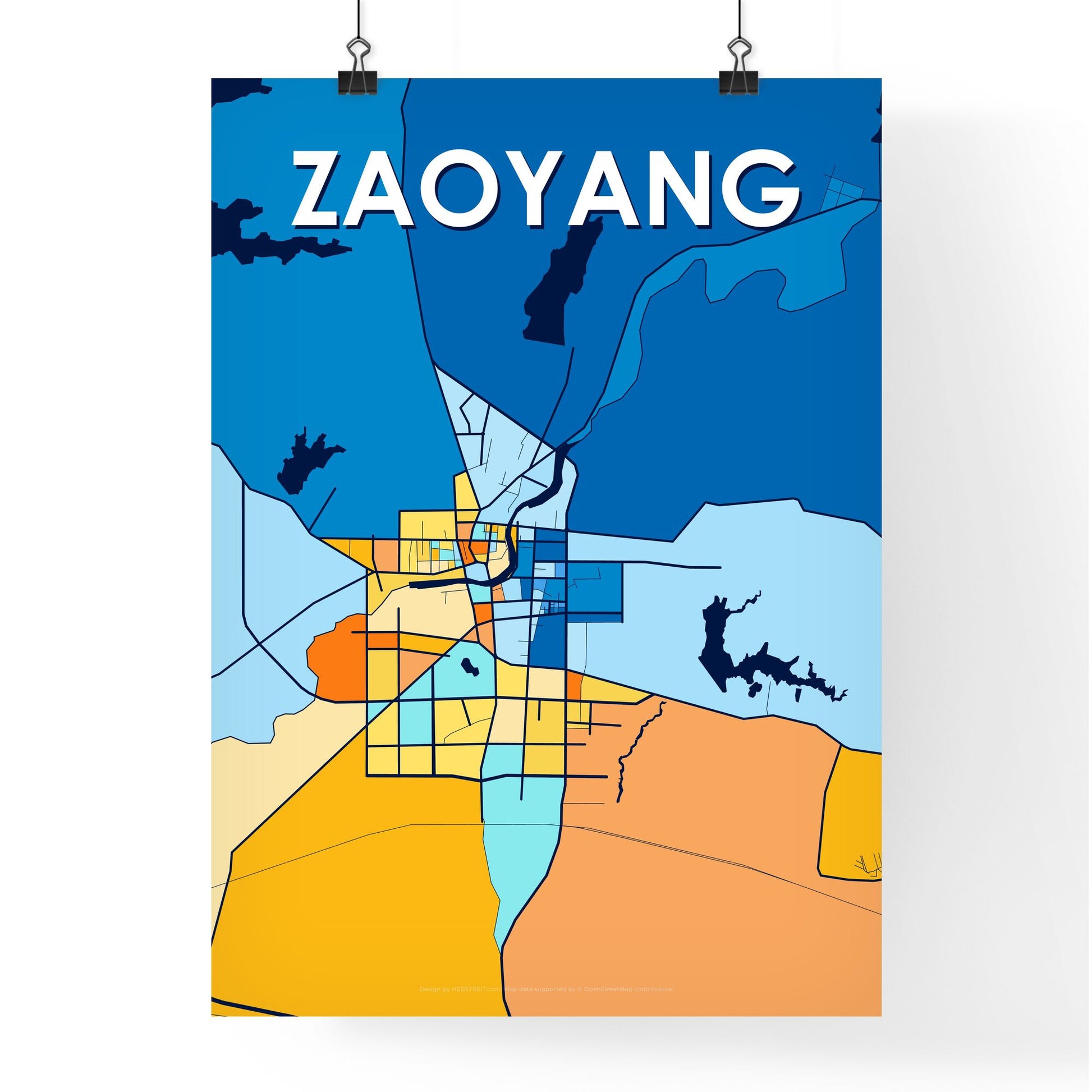 ZAOYANG CHINA Vibrant Colorful Art Map Poster Blue Orange