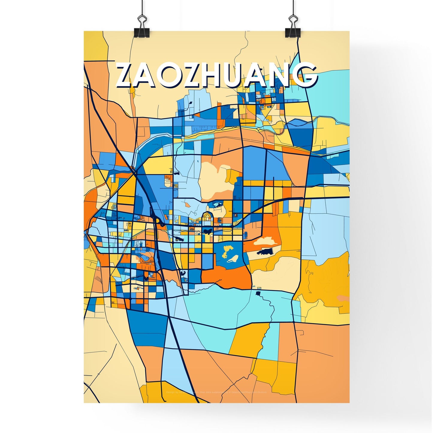 ZAOZHUANG CHINA Vibrant Colorful Art Map Poster Blue Orange