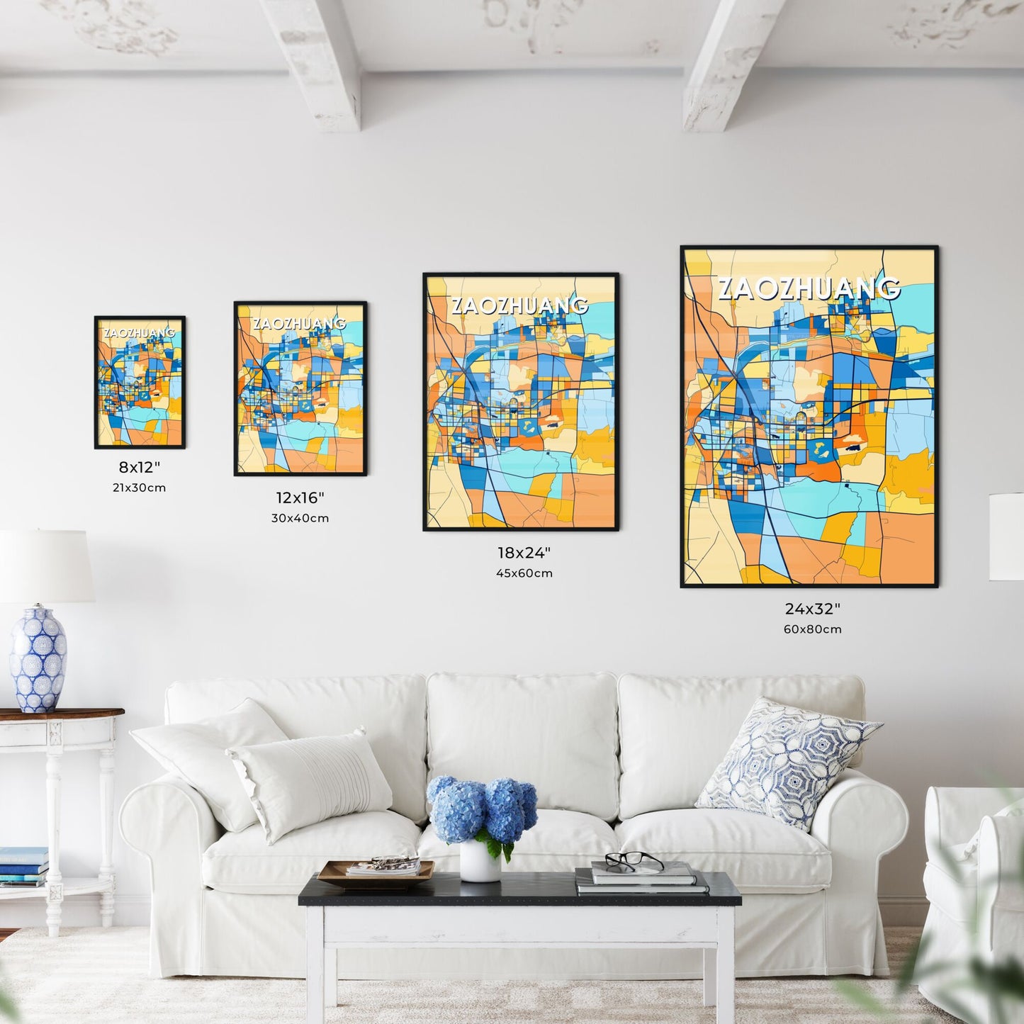 ZAOZHUANG CHINA Vibrant Colorful Art Map Poster Blue Orange