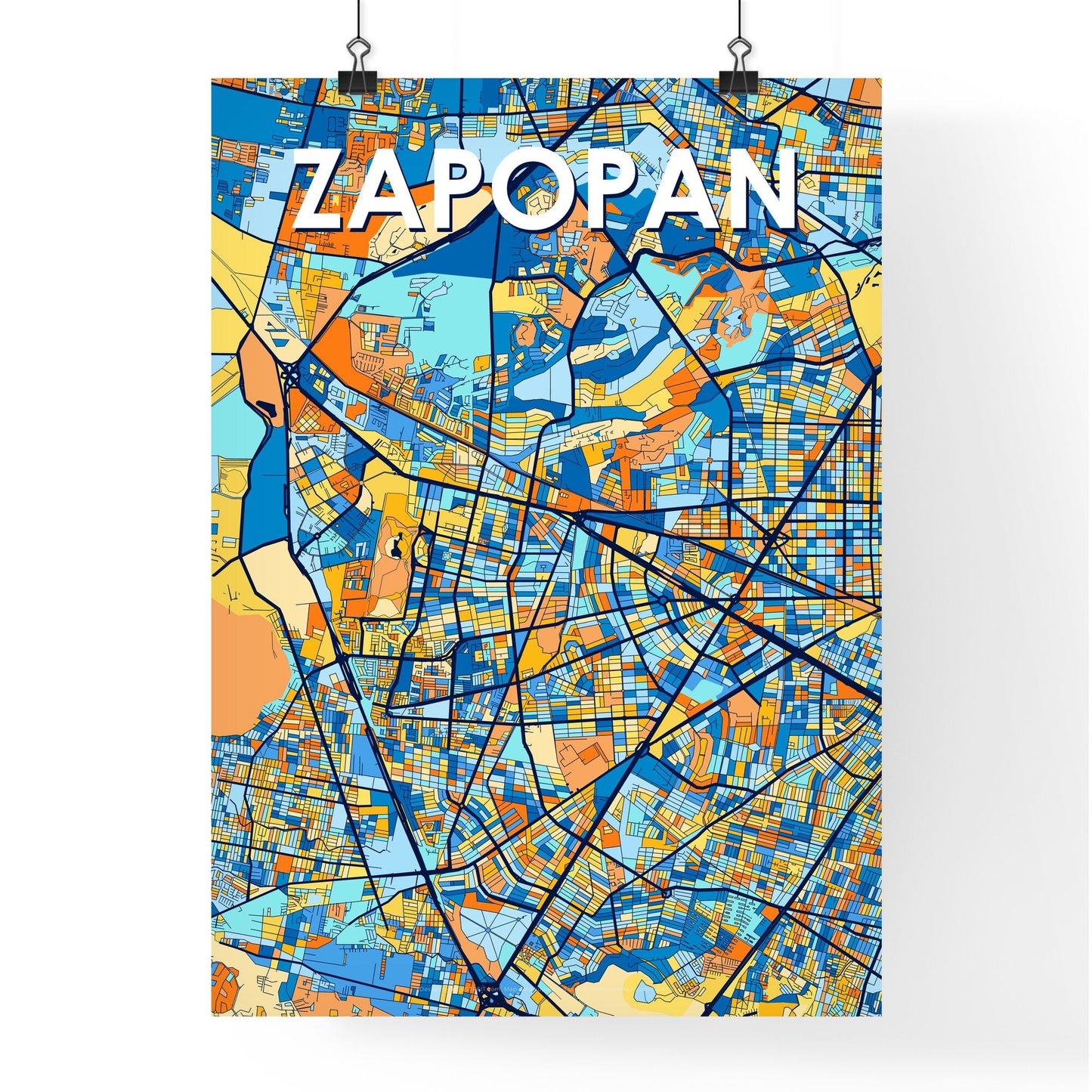 ZAPOPAN MEXICO Vibrant Colorful Art Map Poster Blue Orange