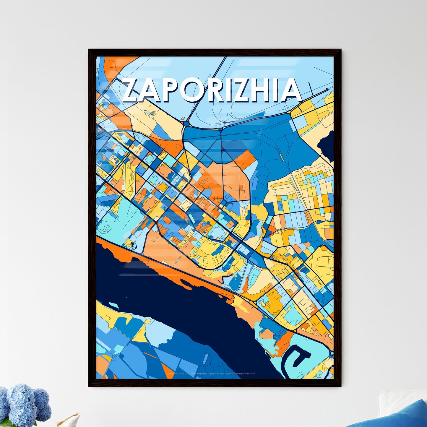 ZAPORIZHIA UKRAINE Vibrant Colorful Art Map Poster Blue Orange