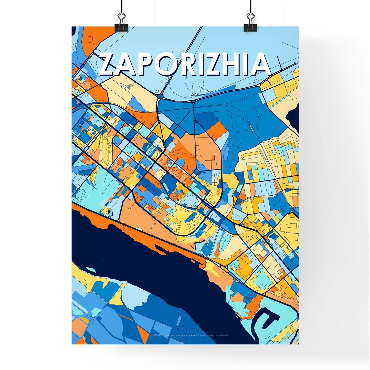 ZAPORIZHIA UKRAINE Vibrant Colorful Art Map Poster Blue Orange