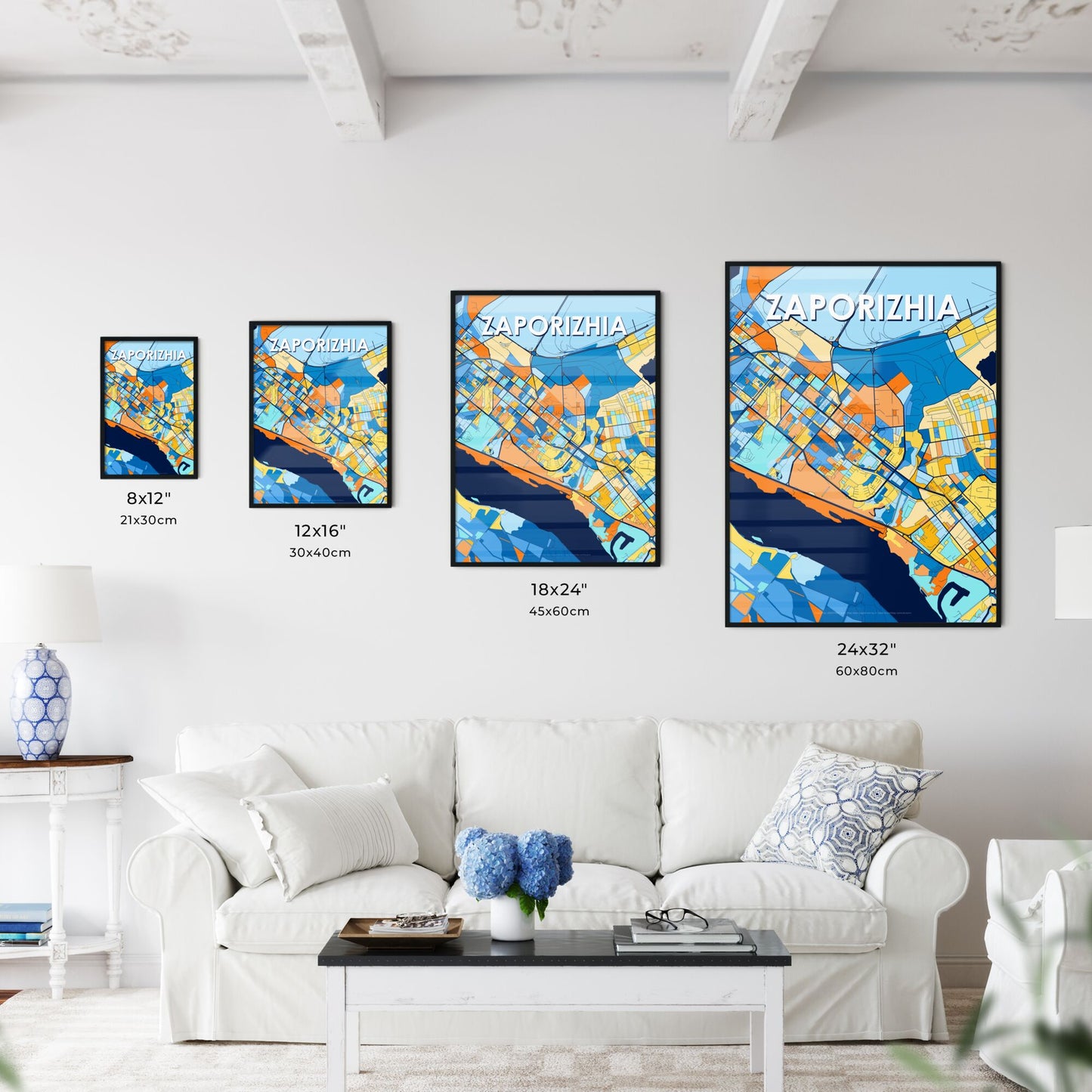 ZAPORIZHIA UKRAINE Vibrant Colorful Art Map Poster Blue Orange