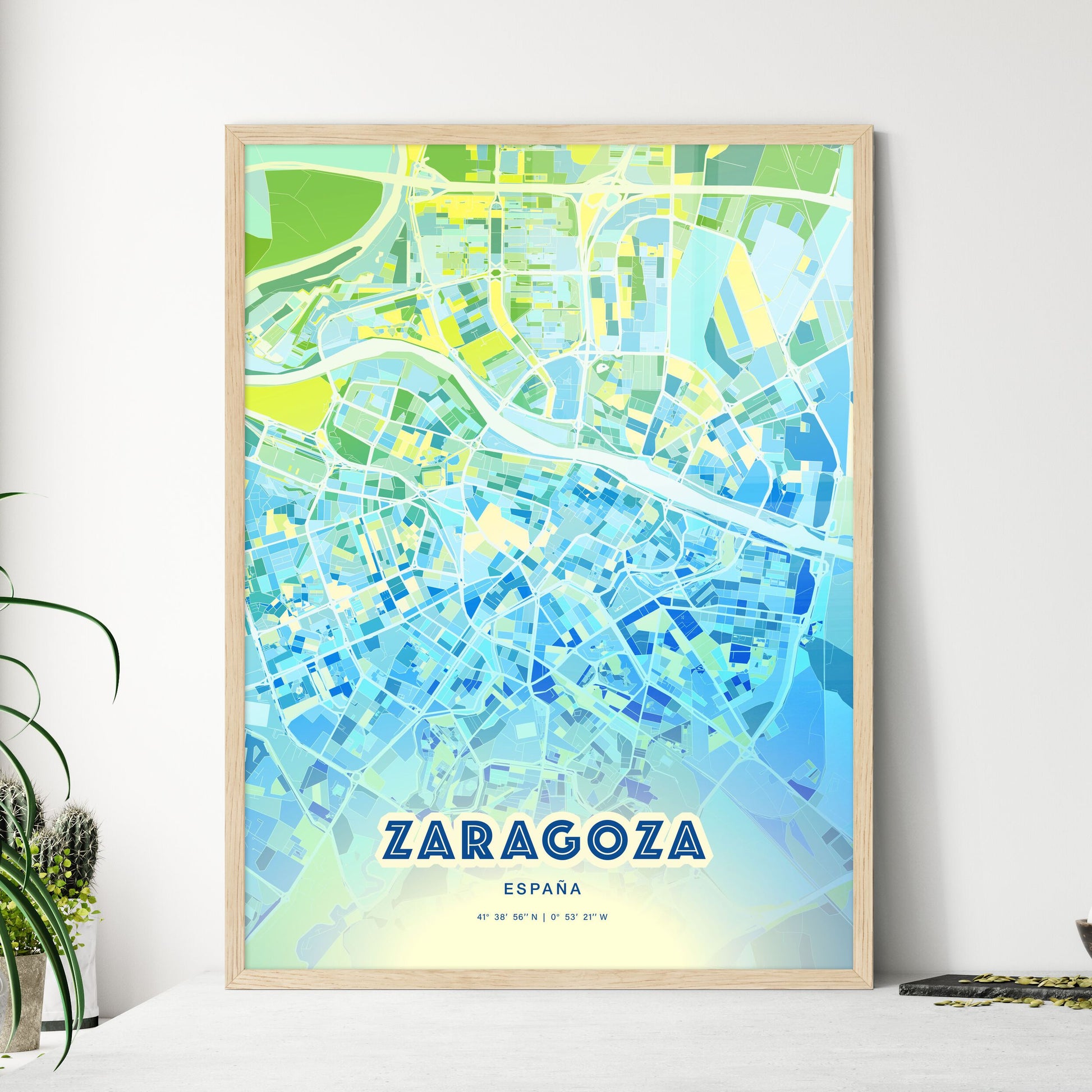 Colorful Zaragoza Spain Fine Art Map Cool Blue