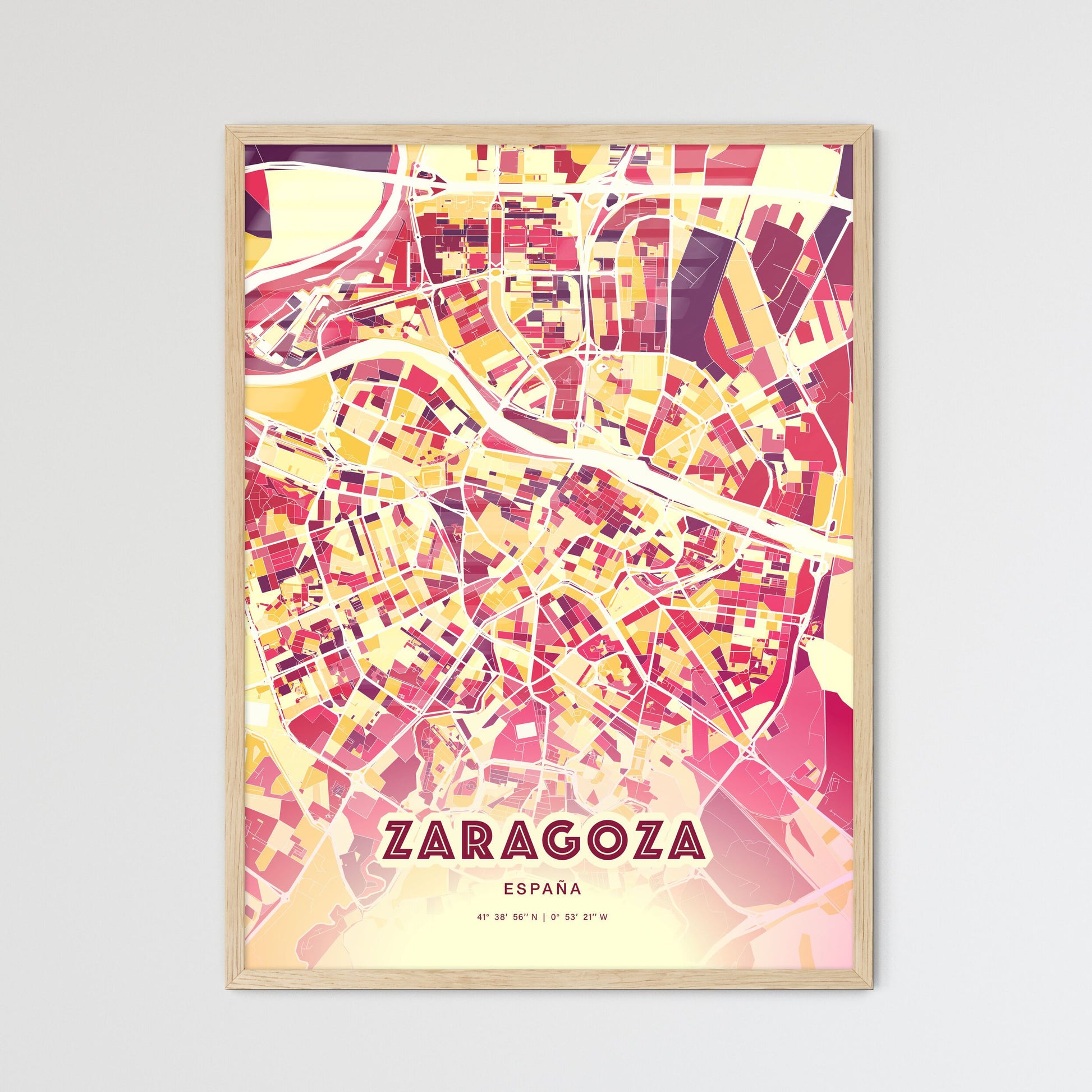 Colorful Zaragoza Spain Fine Art Map Hot Red