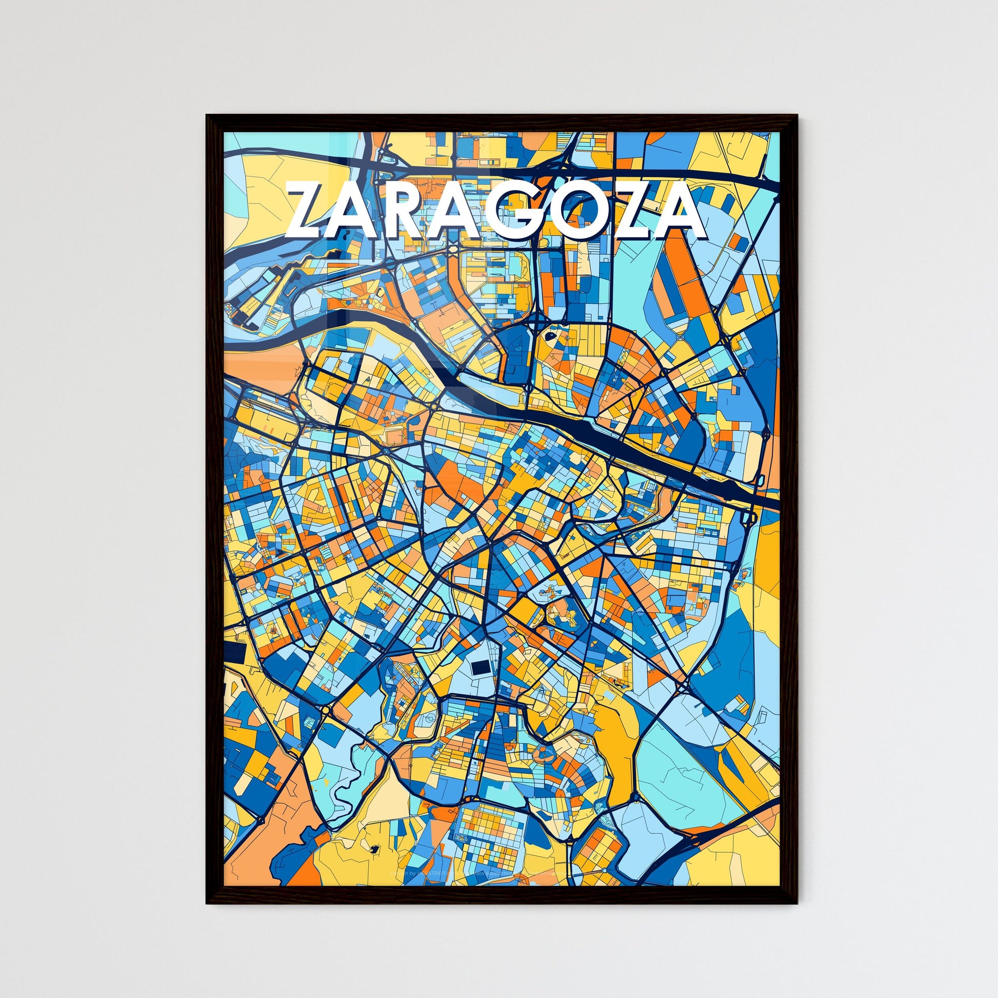 ZARAGOZA SPAIN Vibrant Colorful Art Map Poster Blue Orange