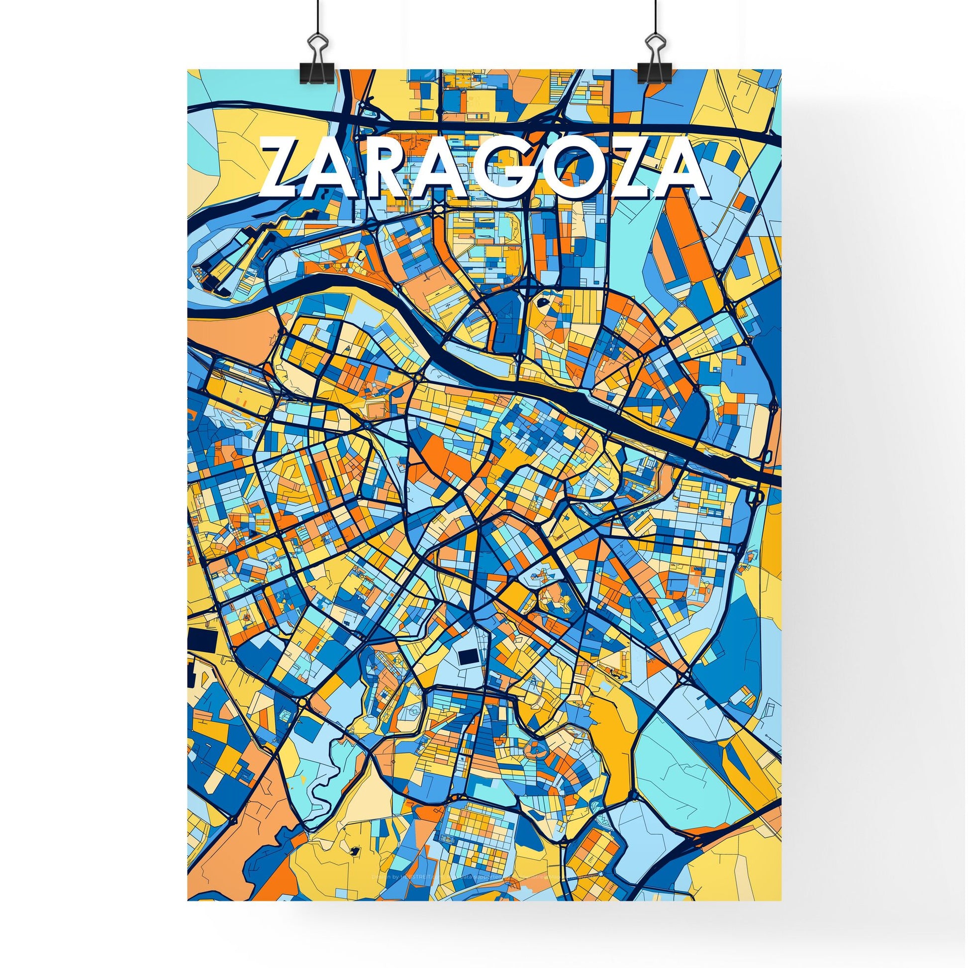 ZARAGOZA SPAIN Vibrant Colorful Art Map Poster Blue Orange