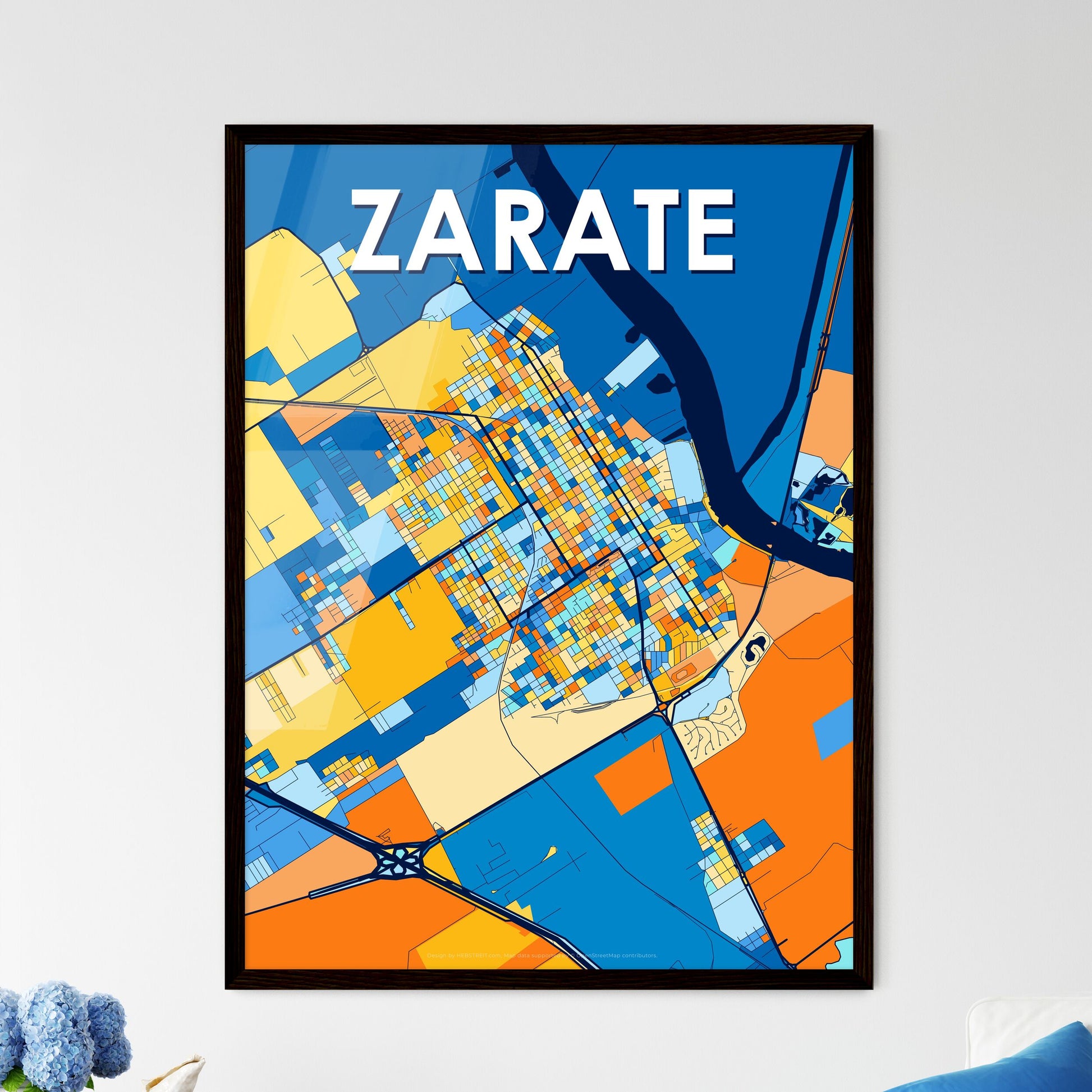 ZARATE ARGENTINA Vibrant Colorful Art Map Poster Blue Orange