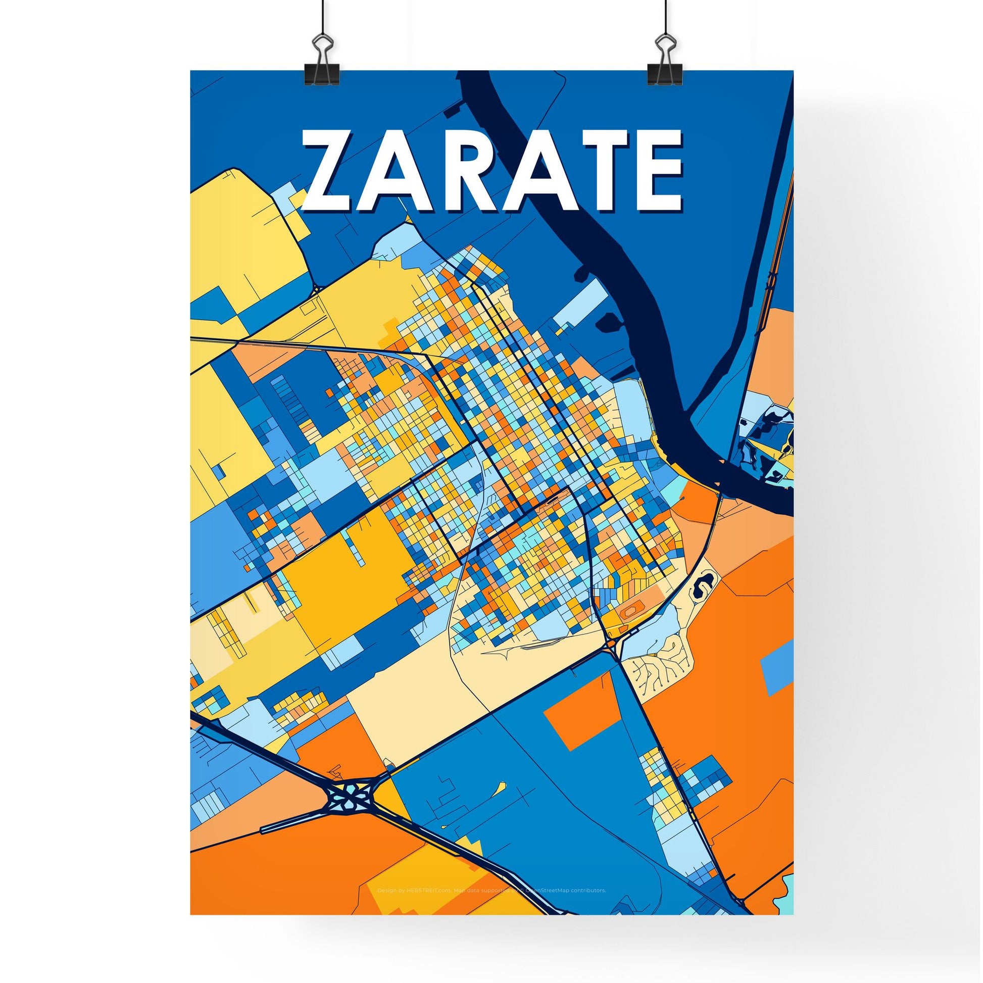 ZARATE ARGENTINA Vibrant Colorful Art Map Poster Blue Orange