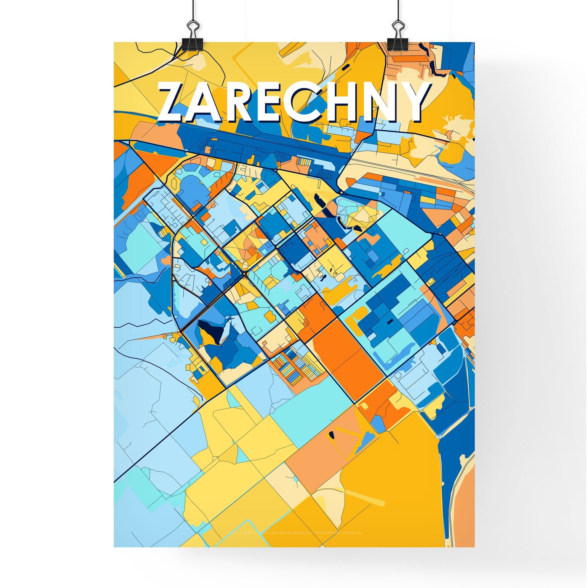 ZARECHNY RUSSIA Vibrant Colorful Art Map Poster Blue Orange