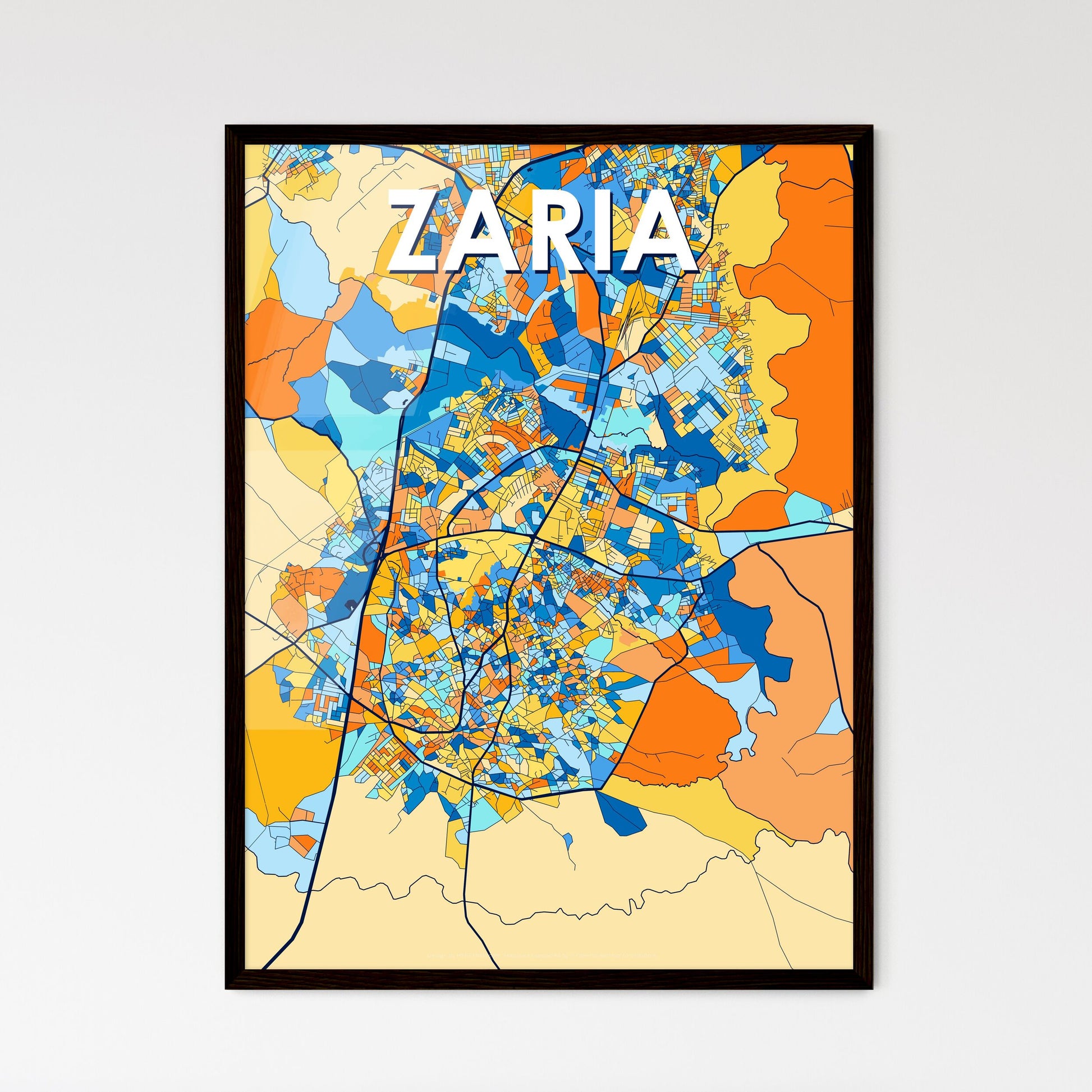 ZARIA NIGERIA Vibrant Colorful Art Map Poster Blue Orange