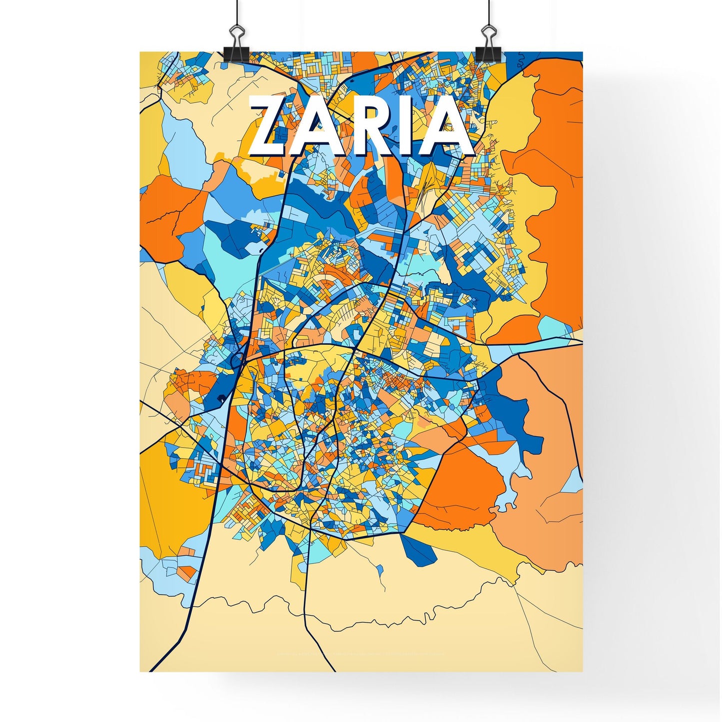 ZARIA NIGERIA Vibrant Colorful Art Map Poster Blue Orange