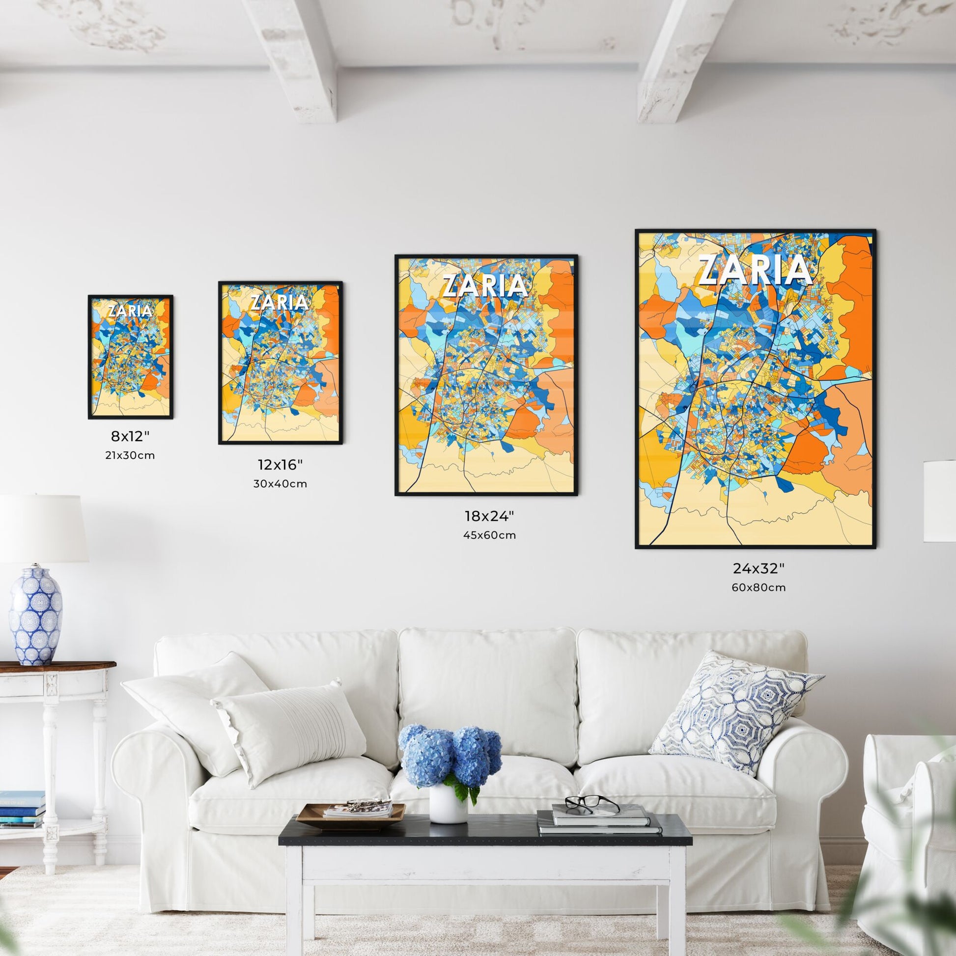 ZARIA NIGERIA Vibrant Colorful Art Map Poster Blue Orange