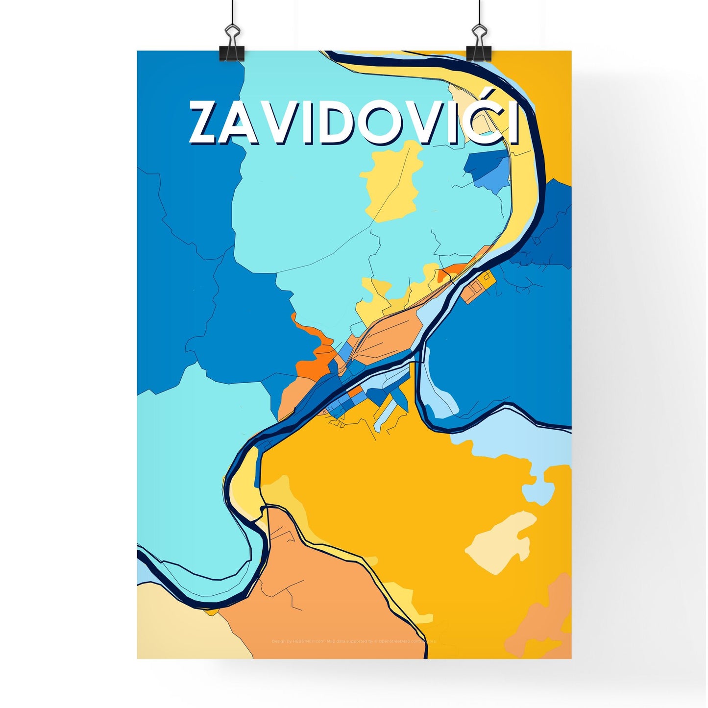 ZAVIDOVIĆI BOSNIA AND HERZEGOVINA Vibrant Colorful Art Map Poster Blue Orange