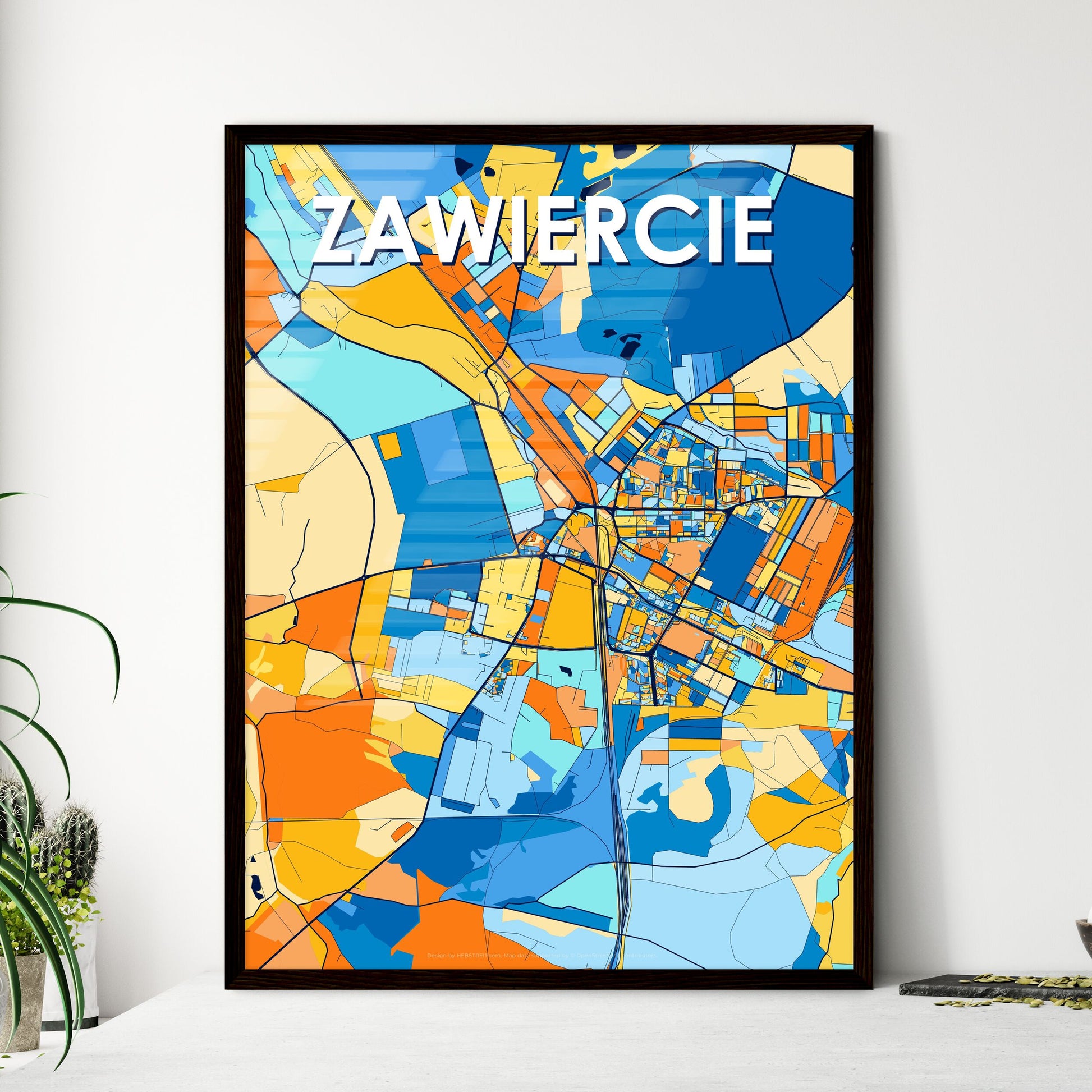 ZAWIERCIE POLAND Vibrant Colorful Art Map Poster Blue Orange