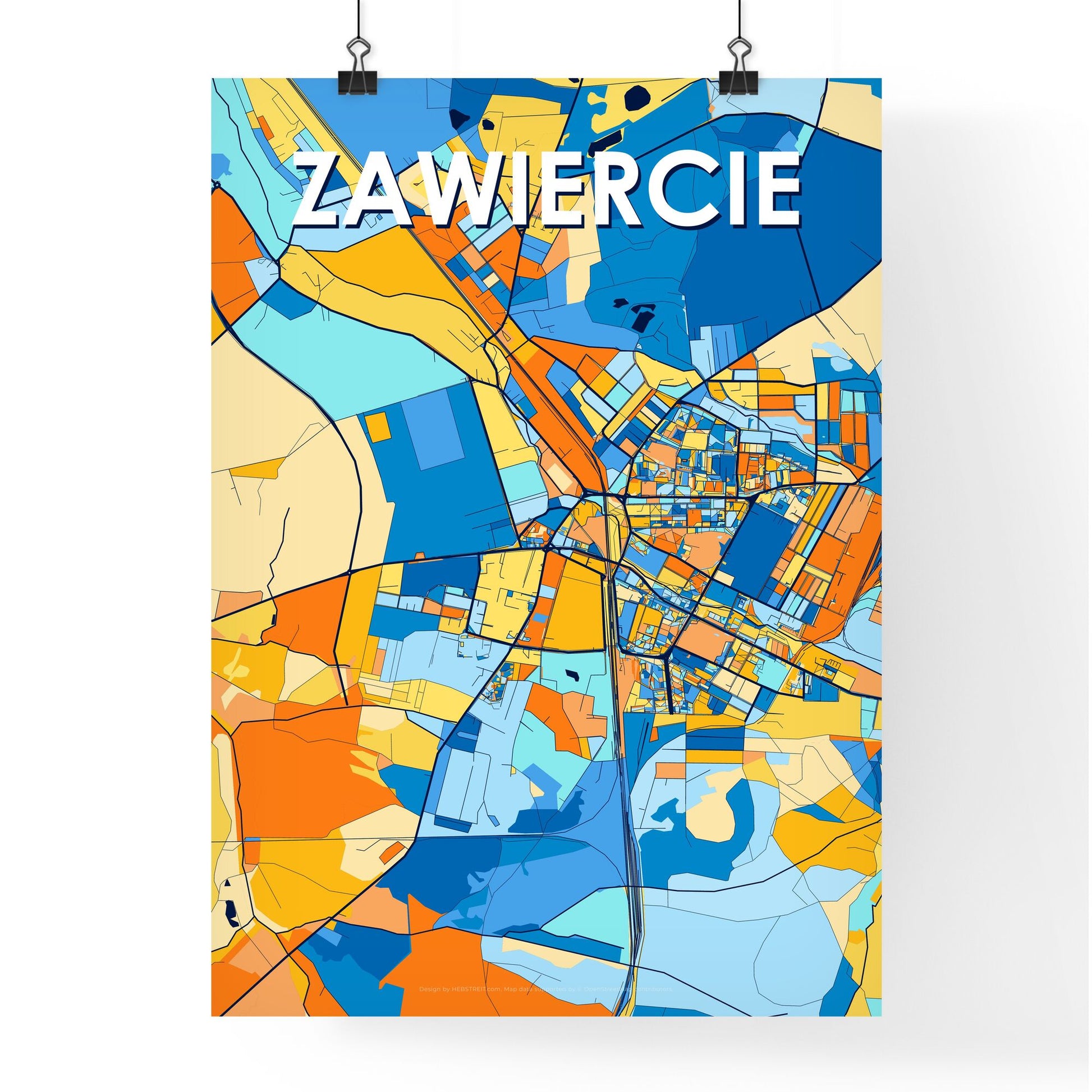 ZAWIERCIE POLAND Vibrant Colorful Art Map Poster Blue Orange