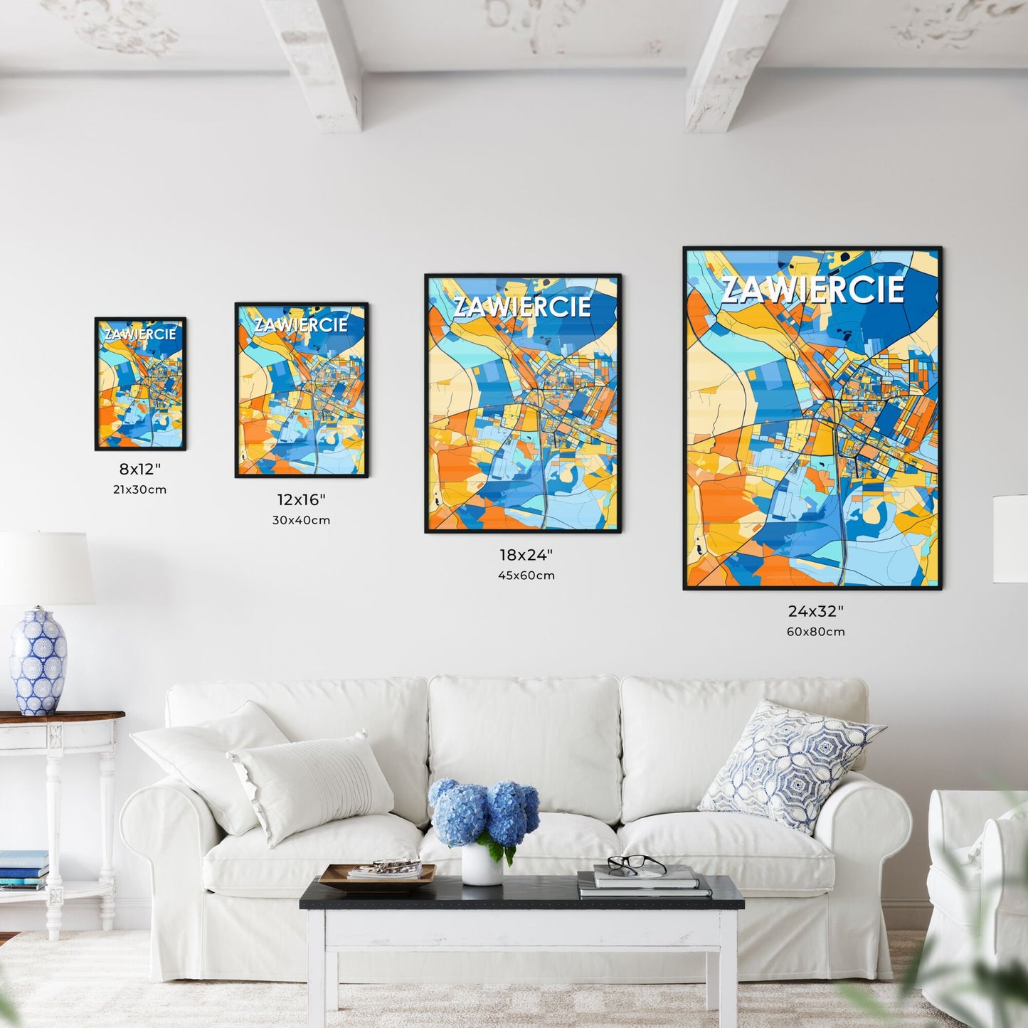 ZAWIERCIE POLAND Vibrant Colorful Art Map Poster Blue Orange