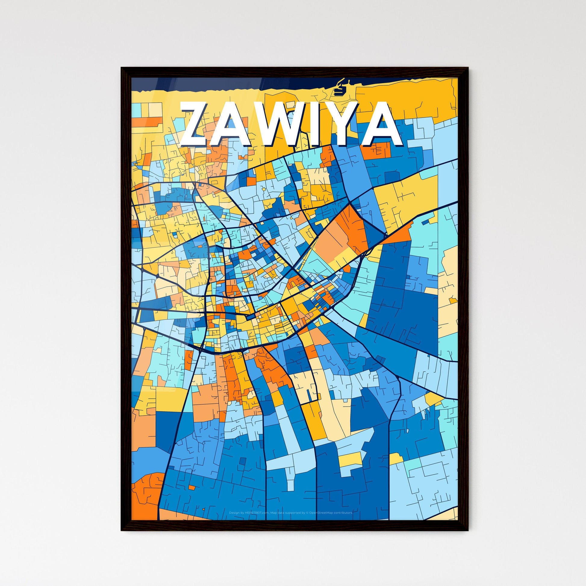 ZAWIYA LIBYA Vibrant Colorful Art Map Poster Blue Orange