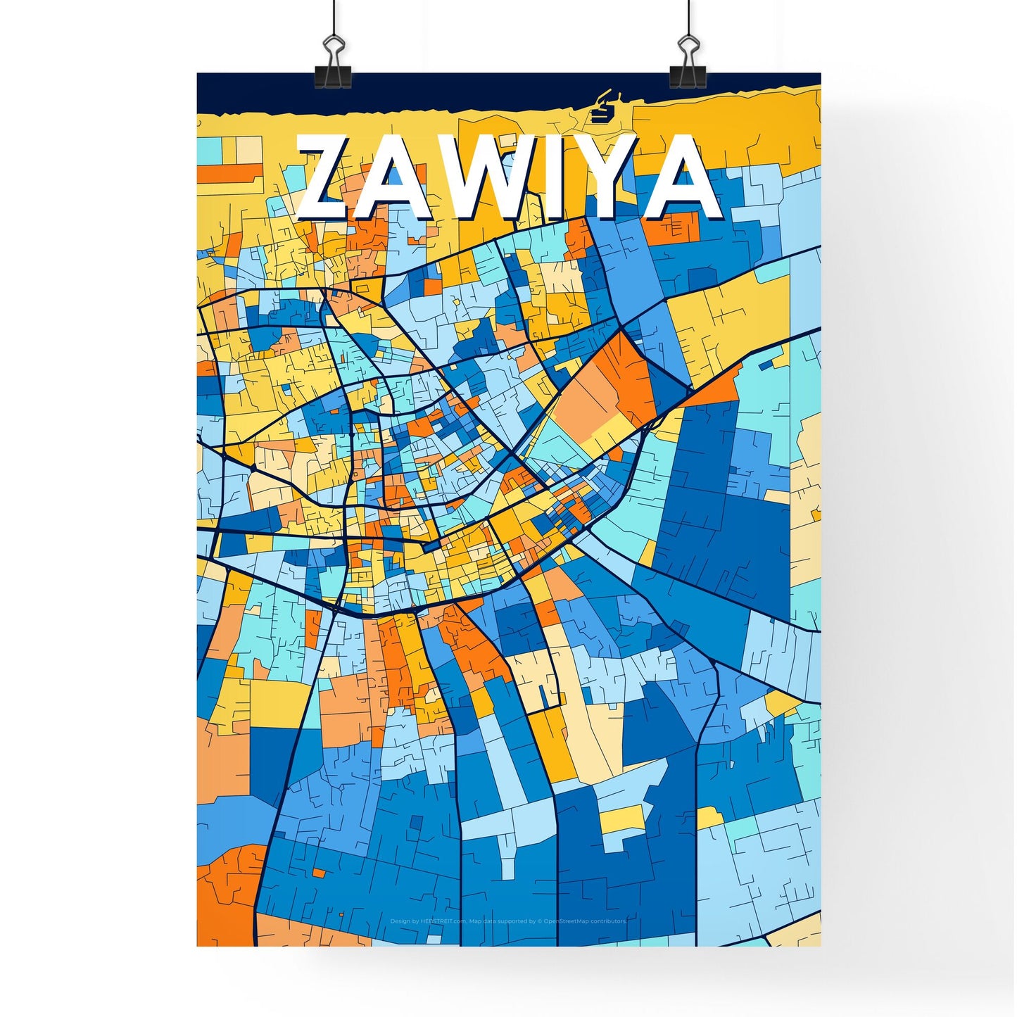 ZAWIYA LIBYA Vibrant Colorful Art Map Poster Blue Orange