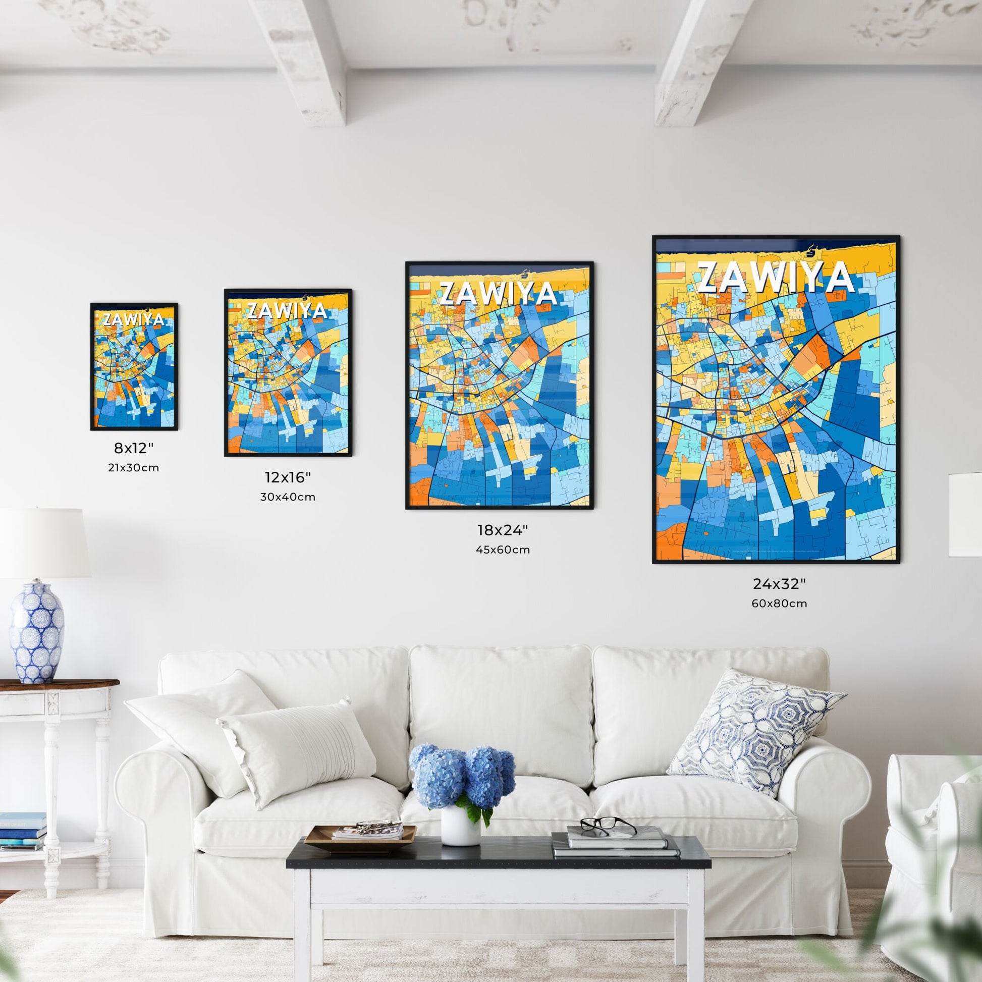 ZAWIYA LIBYA Vibrant Colorful Art Map Poster Blue Orange