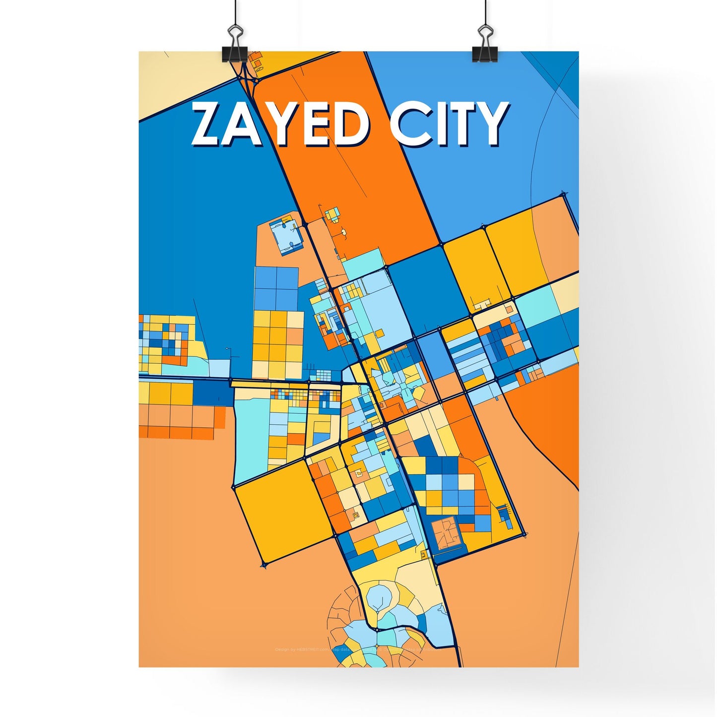 ZAYED CITY UNITED ARAB EMIRATES Vibrant Colorful Art Map Poster Blue Orange