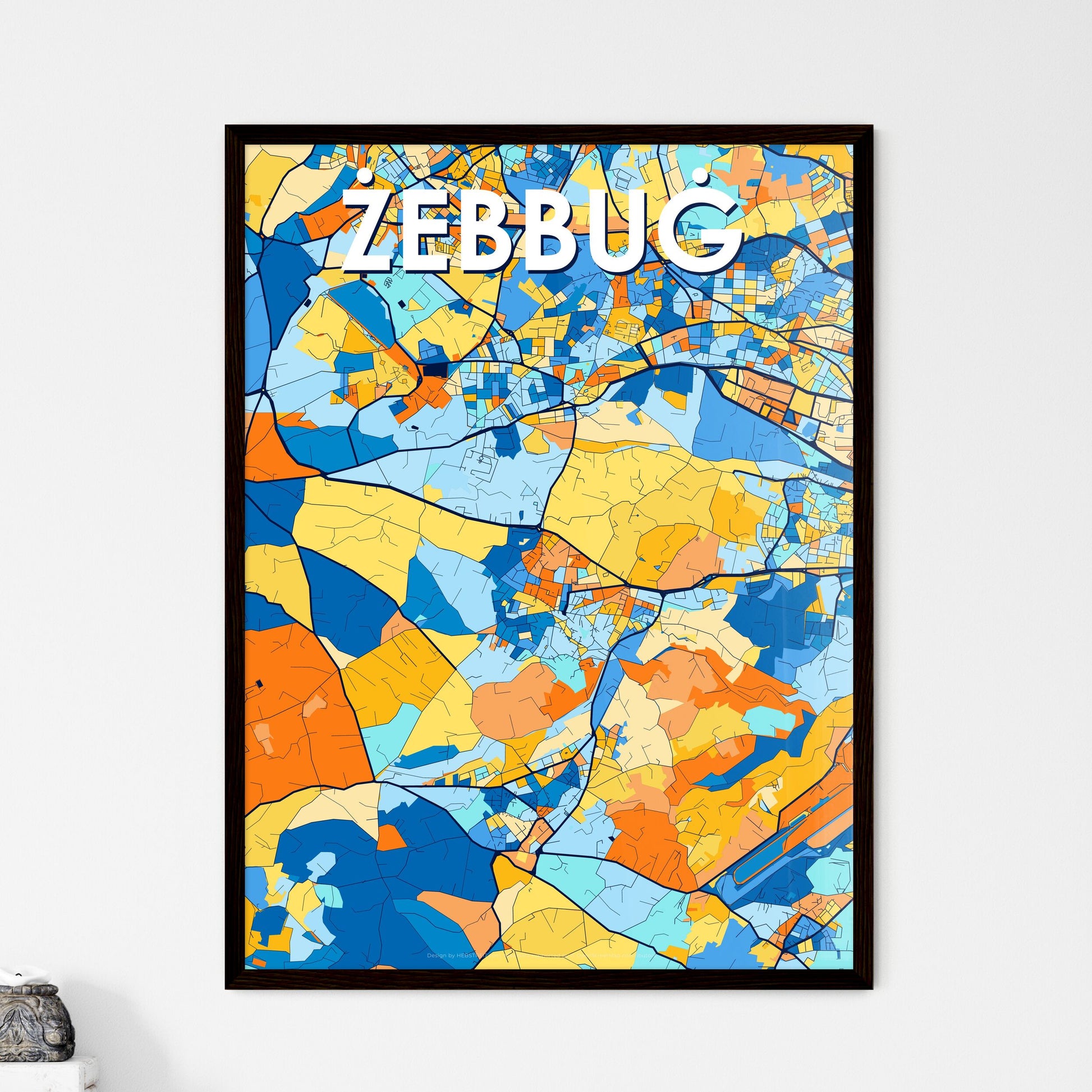 ŻEBBUĠ MALTA Vibrant Colorful Art Map Poster Blue Orange