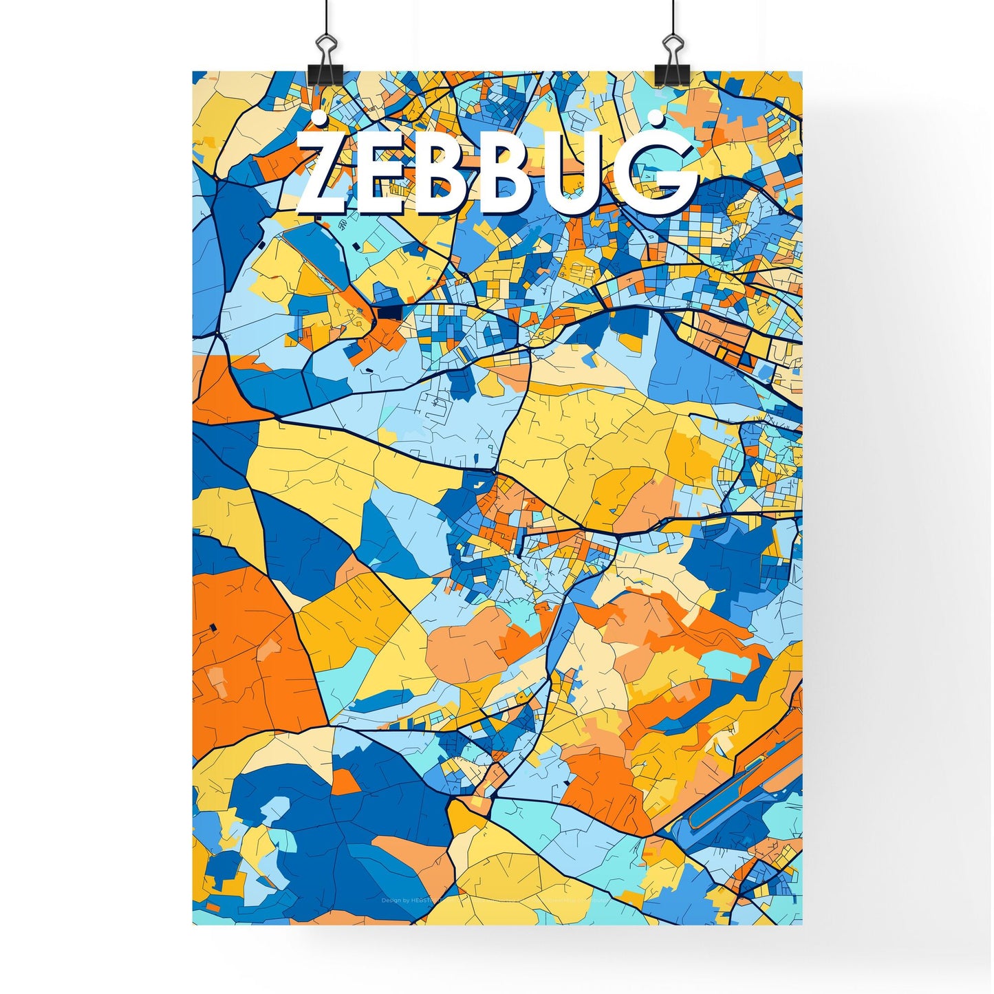 ŻEBBUĠ MALTA Vibrant Colorful Art Map Poster Blue Orange