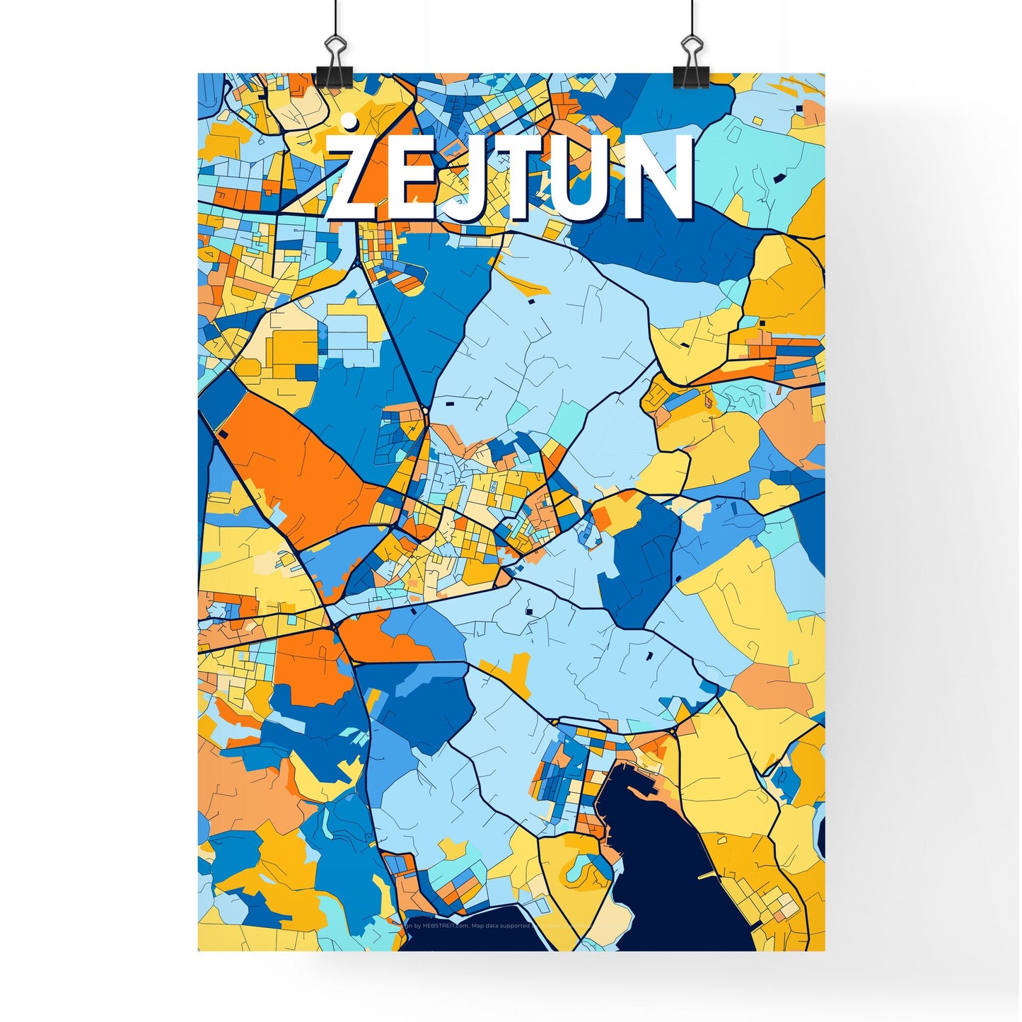 ŻEJTUN MALTA Vibrant Colorful Art Map Poster Blue Orange