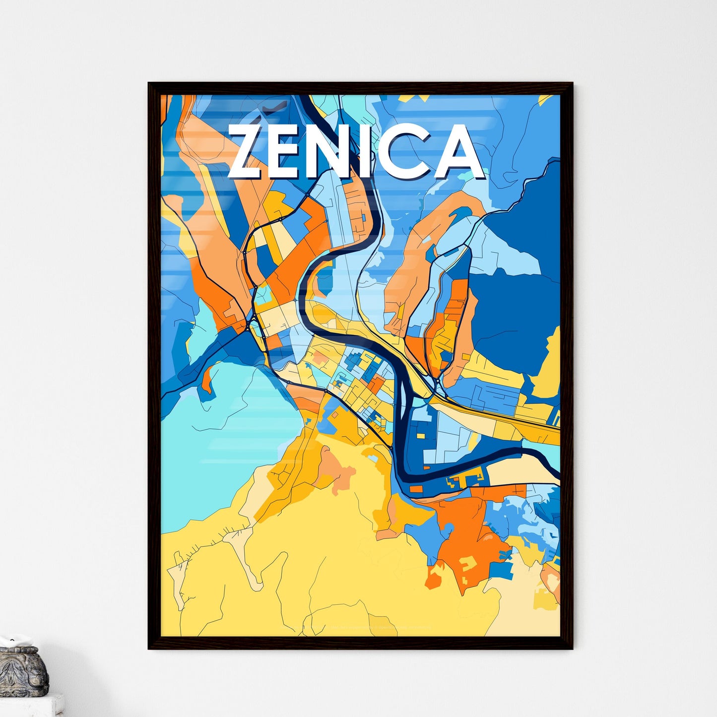 ZENICA BOSNIA AND HERZEGOVINA Vibrant Colorful Art Map Poster Blue Orange