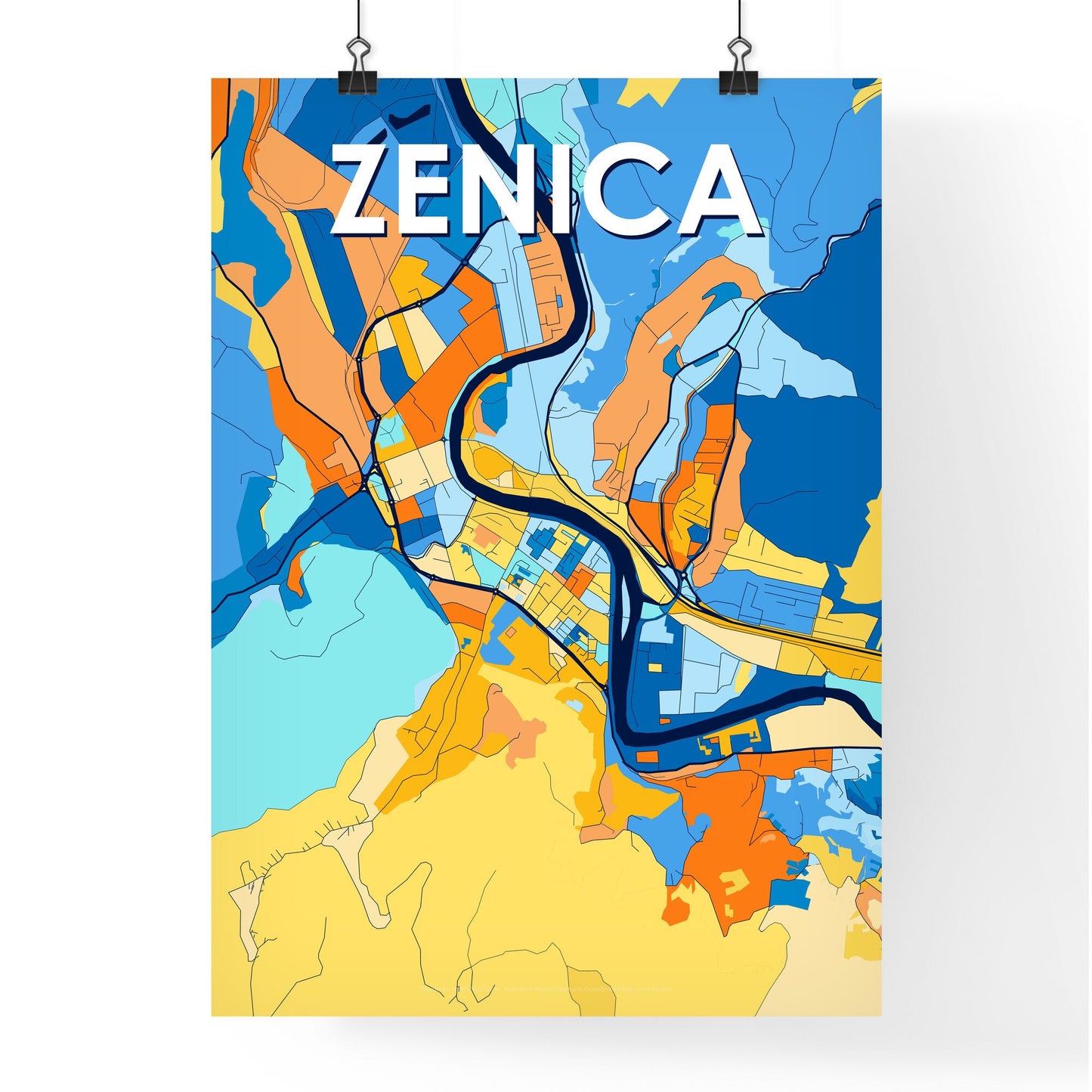 ZENICA BOSNIA AND HERZEGOVINA Vibrant Colorful Art Map Poster Blue Orange