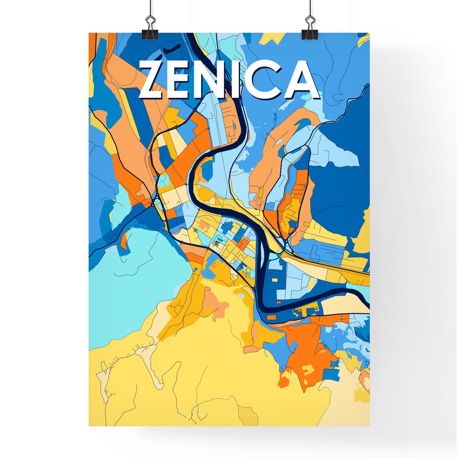 ZENICA BOSNIA AND HERZEGOVINA Vibrant Colorful Art Map Poster Blue Orange