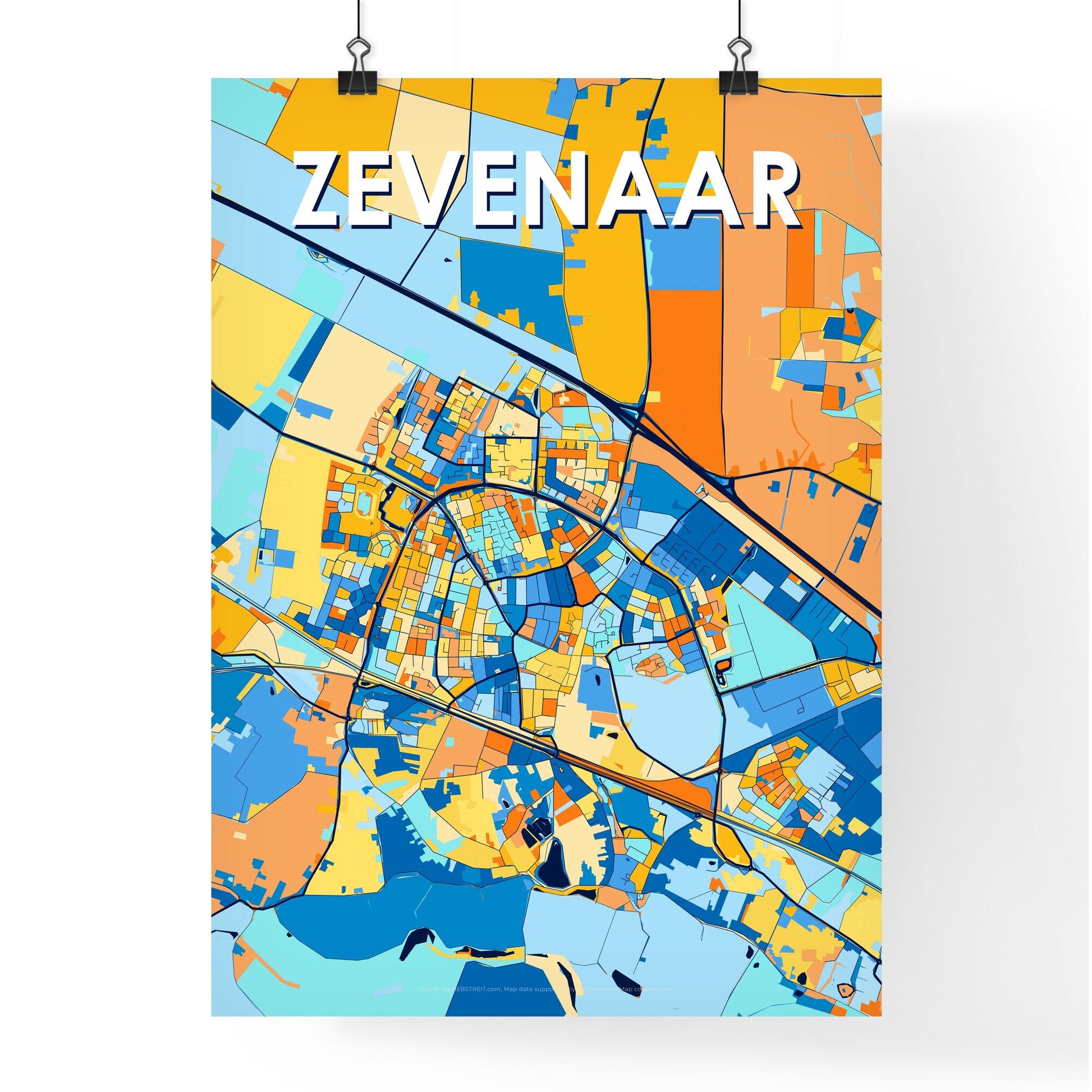 ZEVENAAR NETHERLANDS Vibrant Colorful Art Map Poster Blue Orange