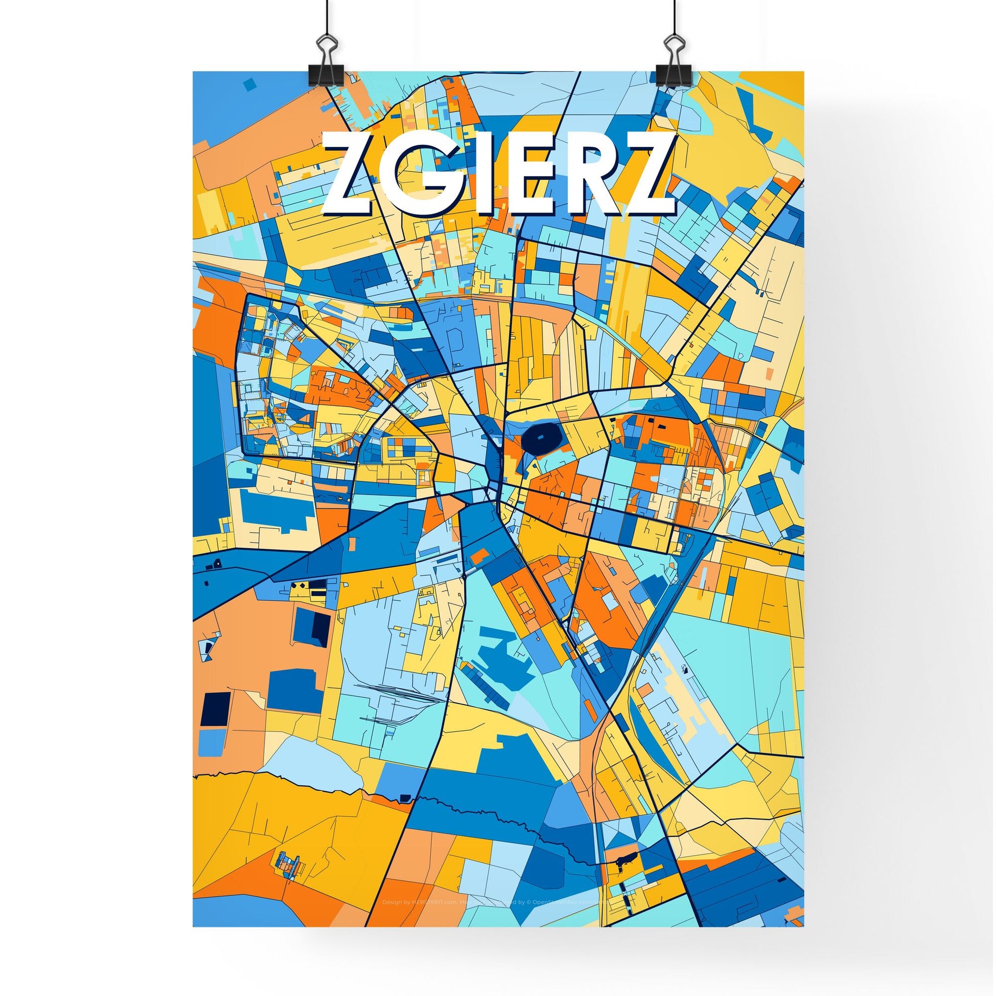 ZGIERZ POLAND Vibrant Colorful Art Map Poster Blue Orange