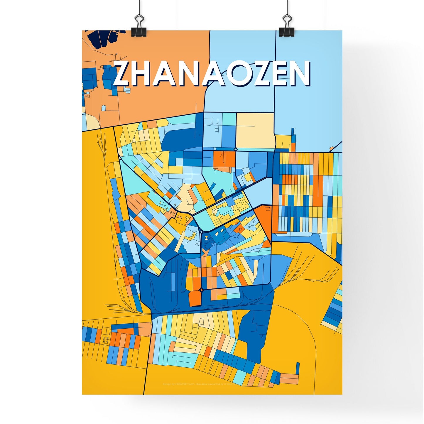 ZHANAOZEN KAZAKHSTAN Vibrant Colorful Art Map Poster Blue Orange