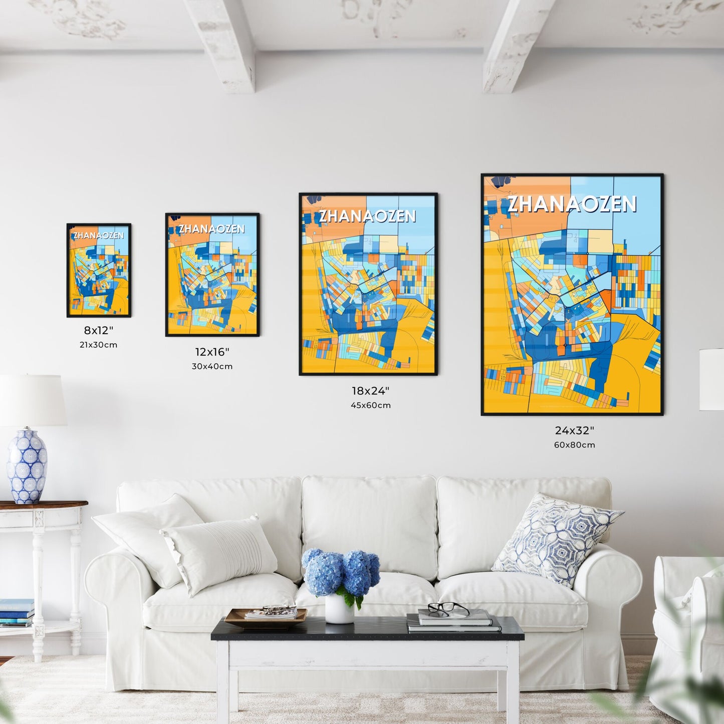 ZHANAOZEN KAZAKHSTAN Vibrant Colorful Art Map Poster Blue Orange