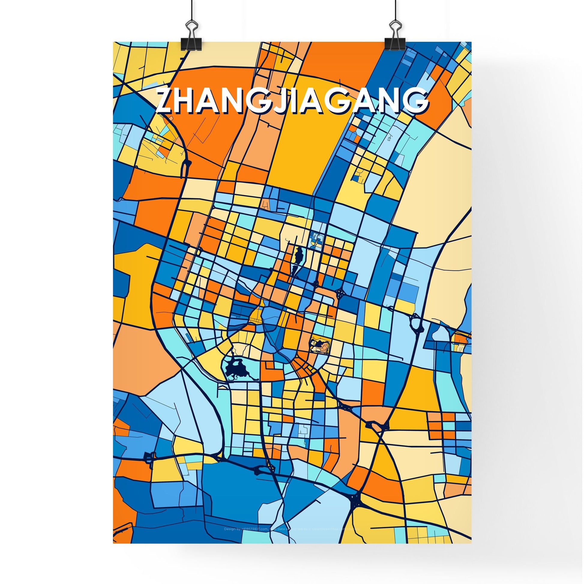 ZHANGJIAGANG CHINA Vibrant Colorful Art Map Poster Blue Orange