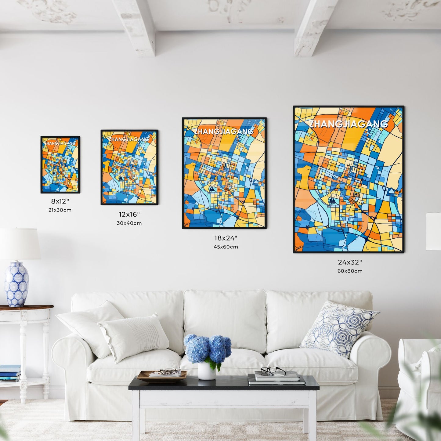 ZHANGJIAGANG CHINA Vibrant Colorful Art Map Poster Blue Orange