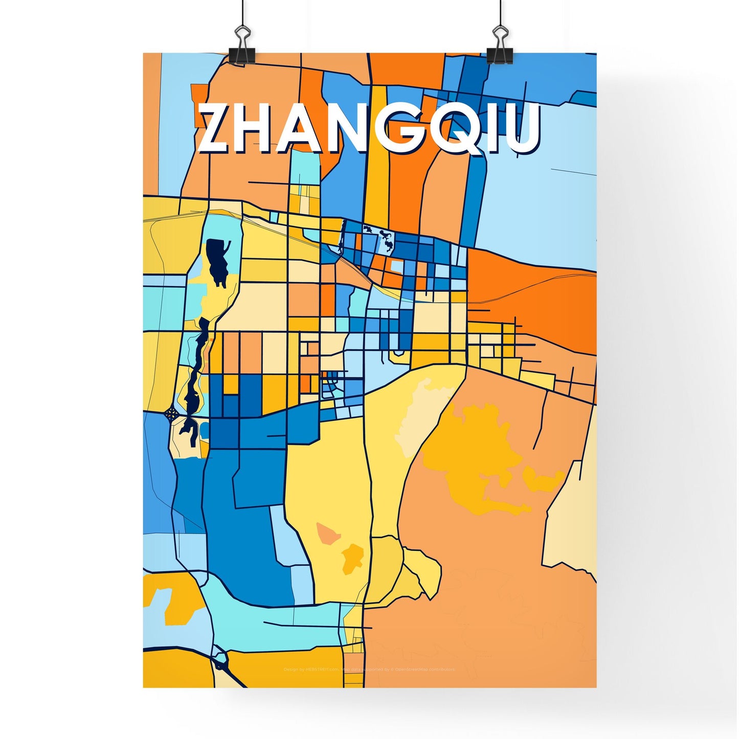 ZHANGQIU CHINA Vibrant Colorful Art Map Poster Blue Orange