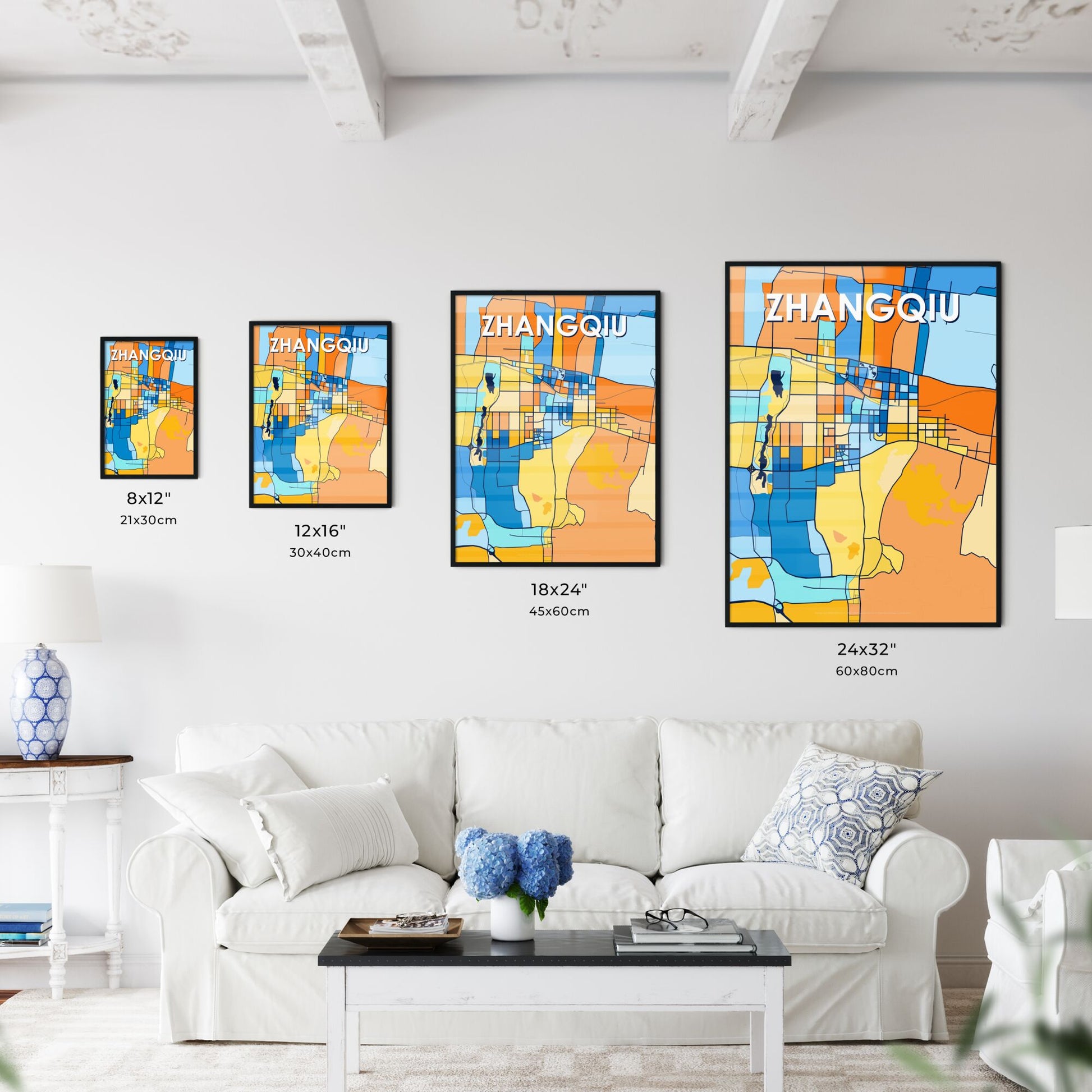 ZHANGQIU CHINA Vibrant Colorful Art Map Poster Blue Orange