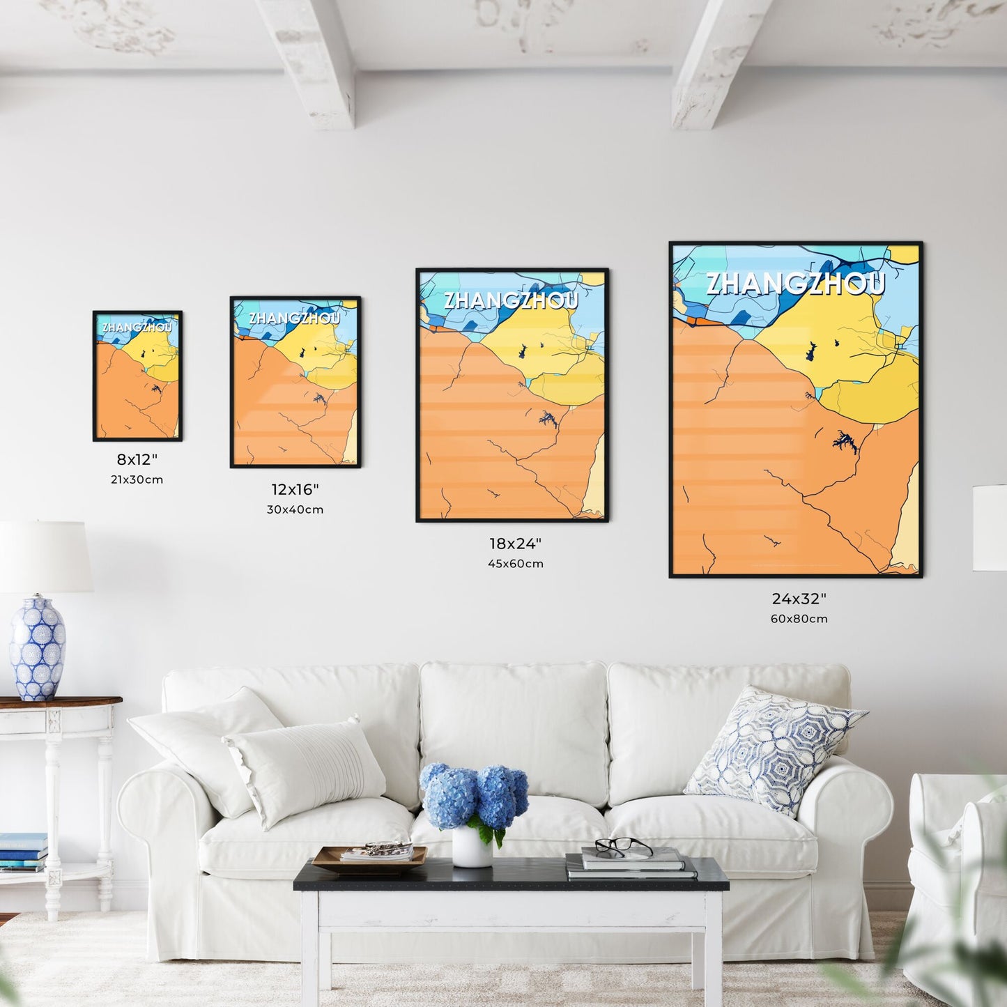 ZHANGZHOU CHINA Vibrant Colorful Art Map Poster Blue Orange