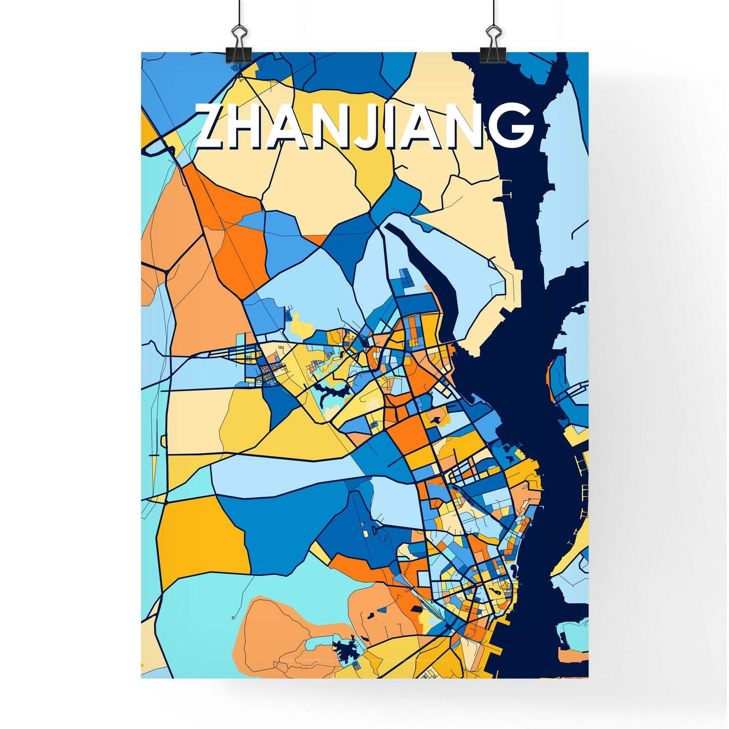 ZHANJIANG CHINA Vibrant Colorful Art Map Poster Blue Orange