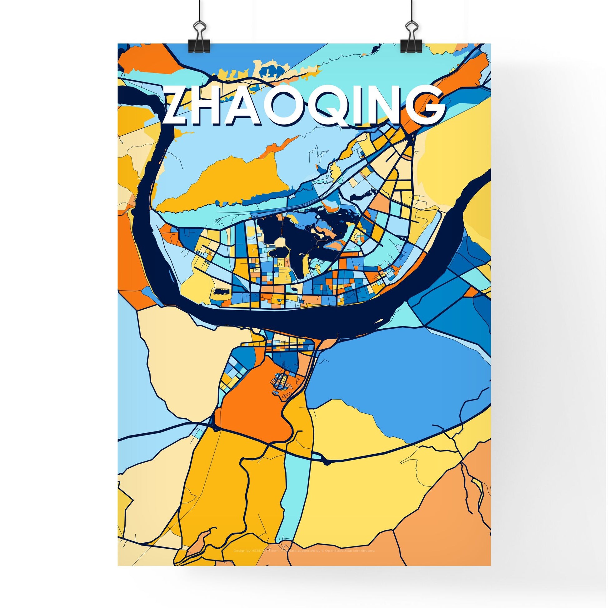 ZHAOQING CHINA Vibrant Colorful Art Map Poster Blue Orange